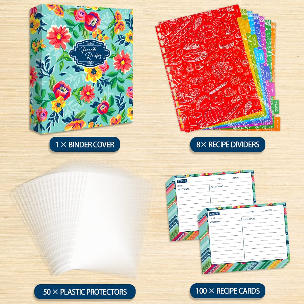 KiDEPOCH Recipe Binder Kit, 8.5 x 11 inch, 3 Ring Binder with 50 Plastic Sleeves, 100 Recipe Cards, 8 Dividers, Watercolor Floral Blue Design (XL)