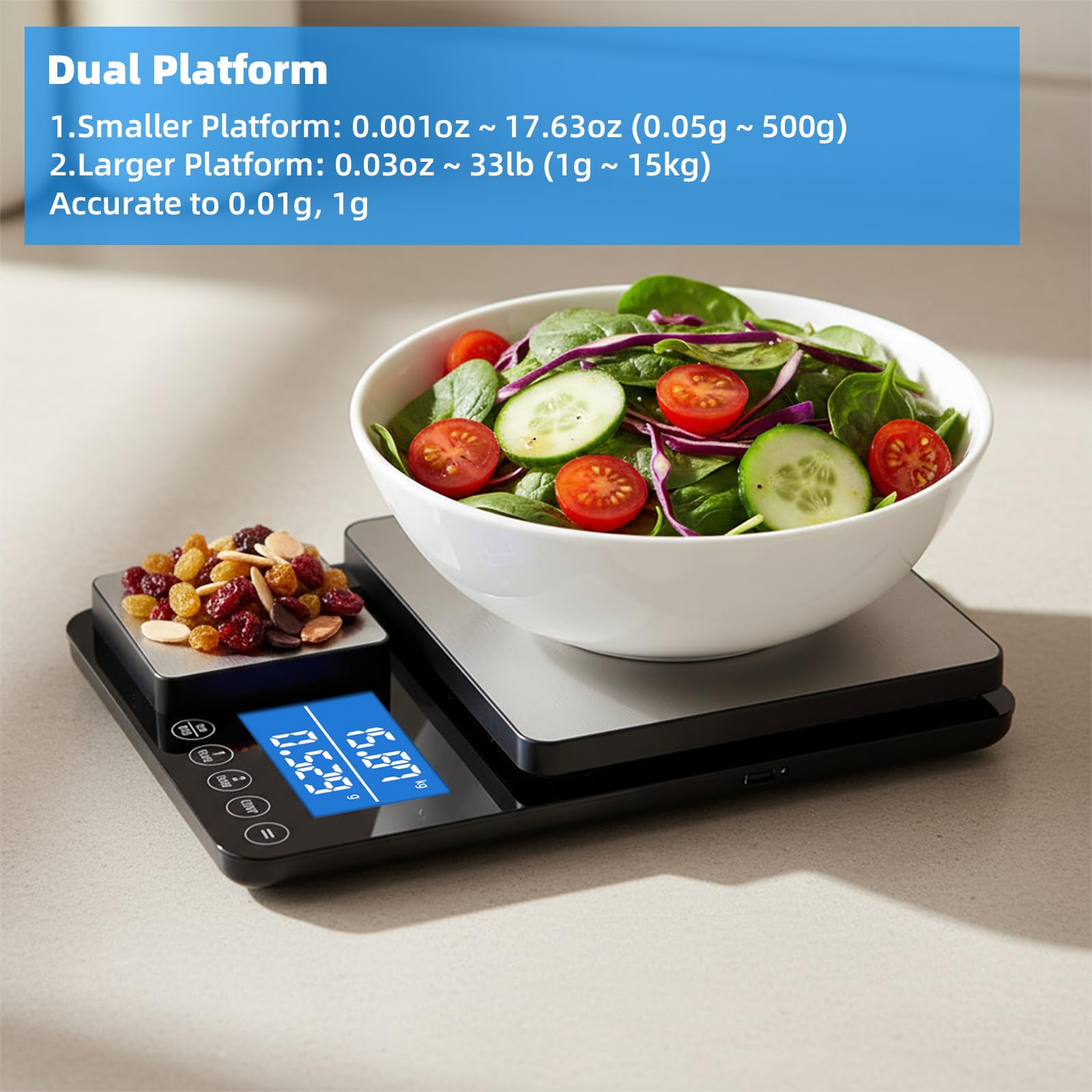 Dual Platform Kitchen Scale, [15kg/33lb-0.01g] Diyife High Precision Food Scale with LCD Display, Tare, Accumulation Function, Auto Off, 7 Units, Stainless Steel Cooking Scale for Food, Jewelry