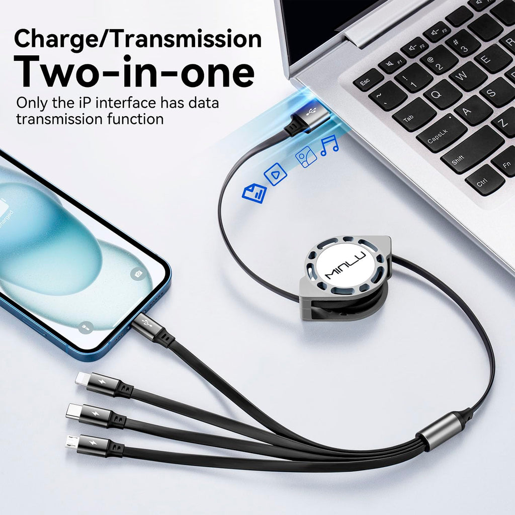 MINLU 4ft/1.2m 4-in-1 Retractable Multi Charging Cable, 4A, 2Pack, Compatible with iPhone, iPad, Samsung, Android, USB Type C/Micro USB, Gray