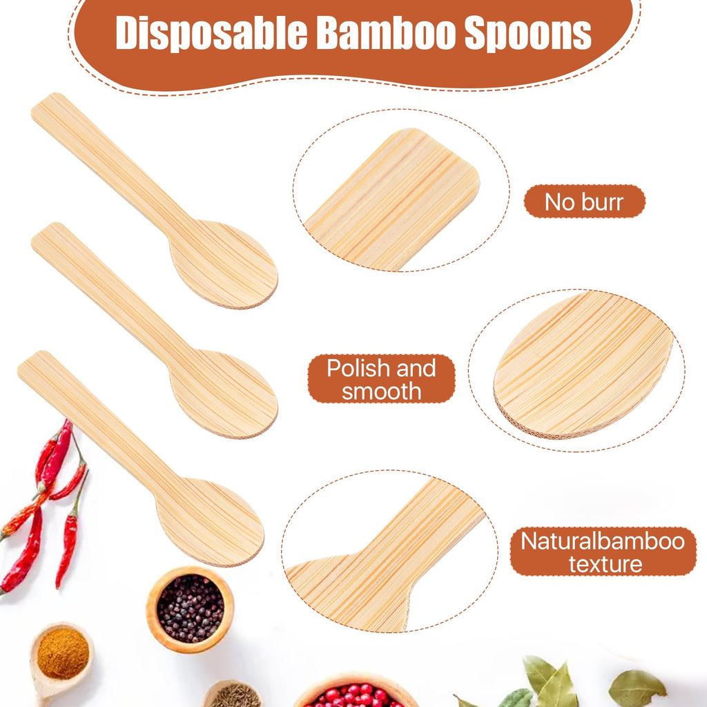 Worldity 200 Pcs 3.46" Small Bamboo Spoons, Ice Cream Spoons, Biodegradable Spoons for Eating, Disposable Spoons for Jelly Pudding Yogurt Dessert Cake