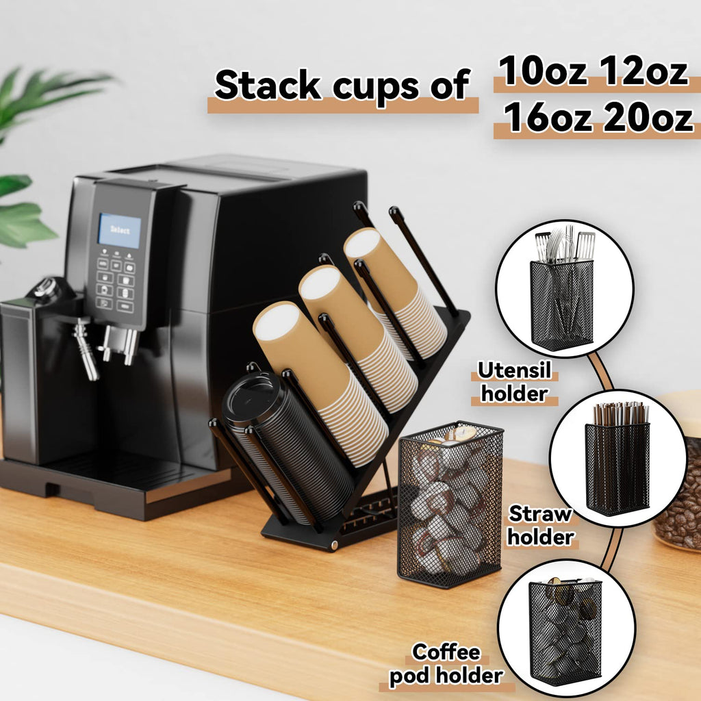 Ovicar Cup and Lid Holder - Adjustable Coffee Cup Holder Organizer 4 Compartment Disposable Cup Dispenser with Coffee Pod Straw Storage Basket for Coffee Station Bar Countertop Breakroom Metal (Black)