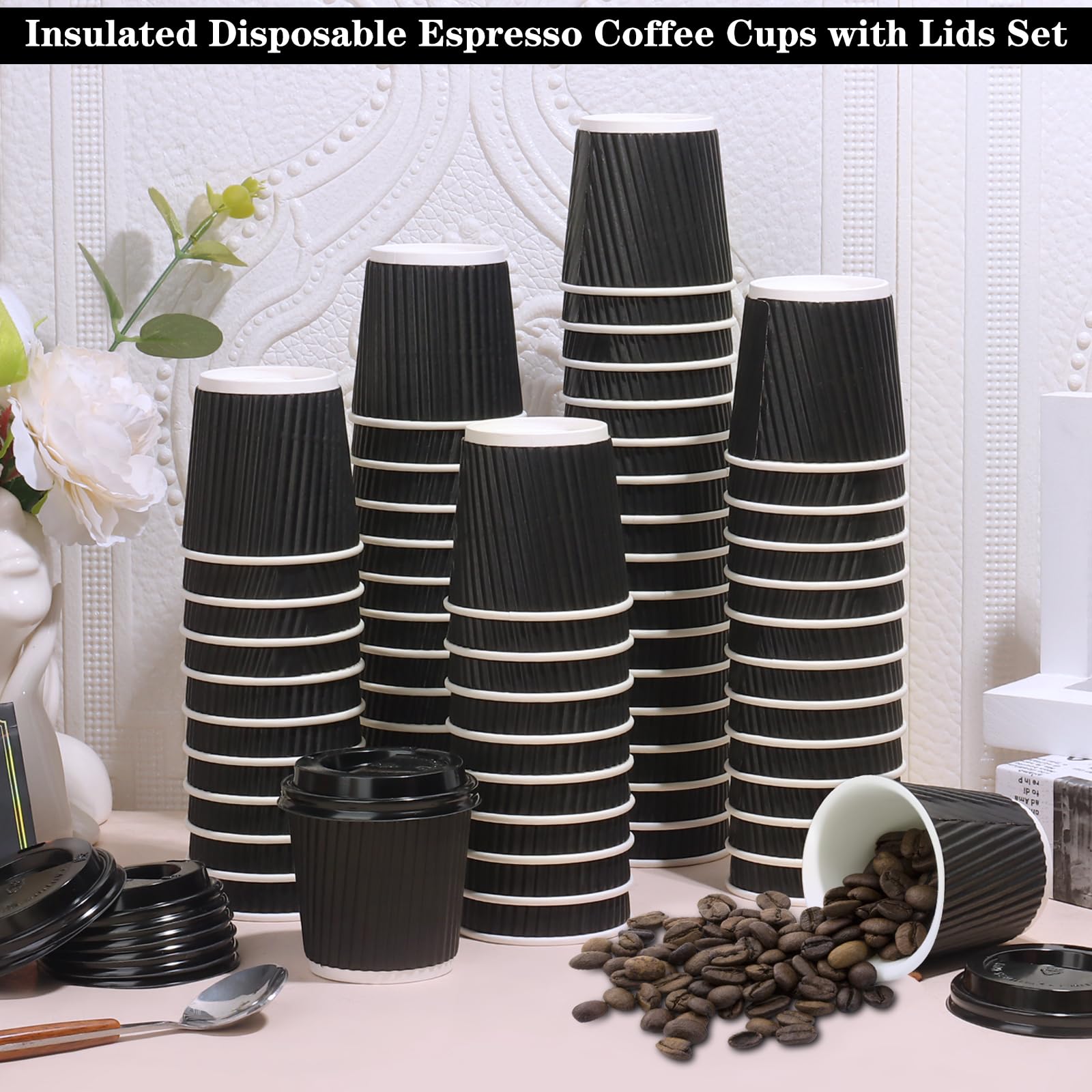 100 4oz Disposable Espresso Cups with Lids Ripple Corrugated Paper Disposable Coffee Cups Cups for Hot Chocolate, Tea, and Cocoa Drinks (Black)