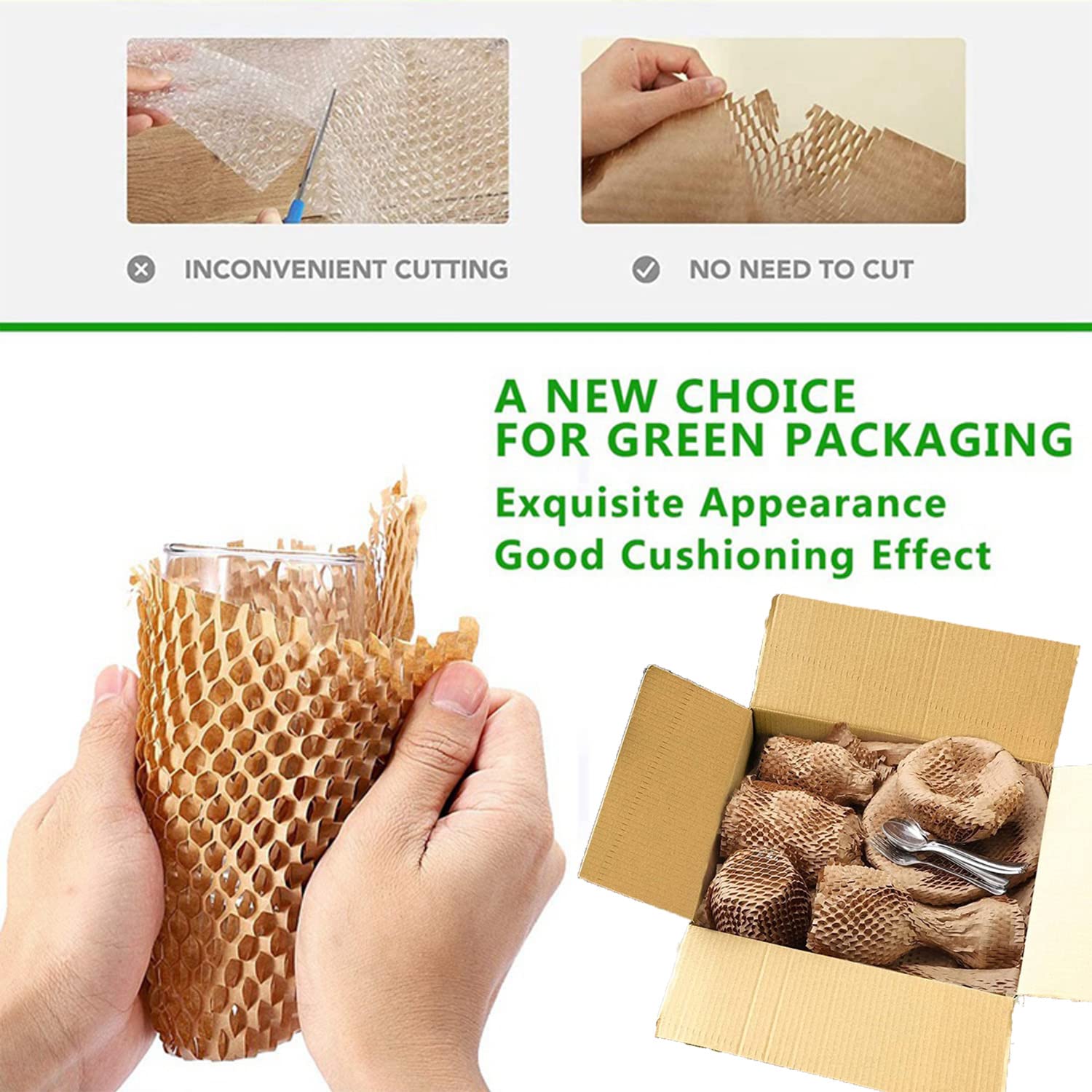 Honeycomb Packing Paper Wrap 12"x200' Recycled Bubble Cushioning Wrap Eco Friendly Moving Supplies for Shipping, Packaging & Gifts - Protective Wrap for Fragile Items with 20 Fragile Sticker Labels