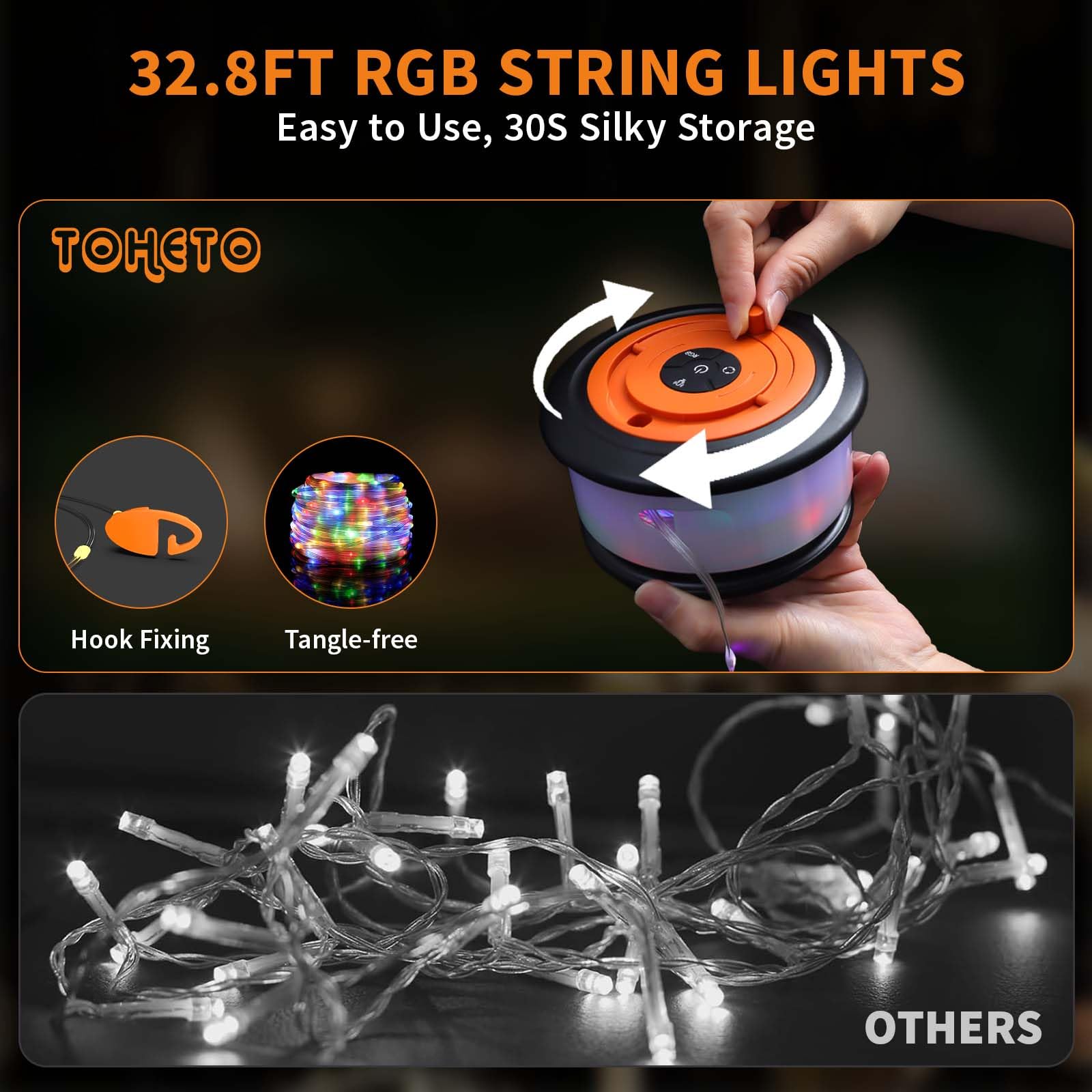 TOHETO Camping String Lights, 3 in 1 Upgraded Retractable RGB Outdoor String Lights with 19 Lighting Modes,Quick 30s Recovery, 32.8 FT Portable Tent Lights, Rechargeable Camping Lantern (Black&Orange)