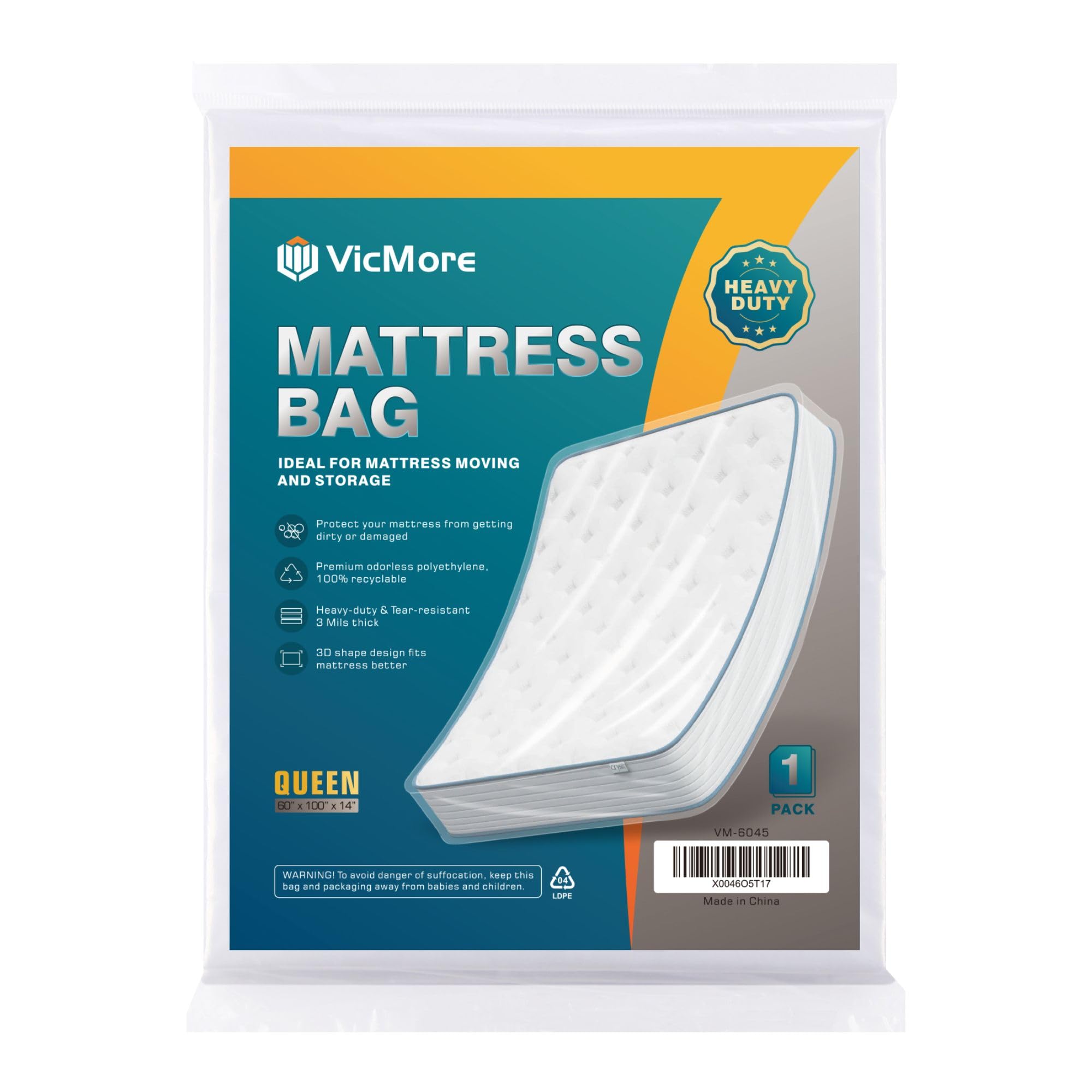 VICMORE Queen Mattress Moving & Storage Bag 60" x 100" - Heavy-Duty 3 Mil Tear-Resistant Plastic Cover for Moving, Protection & Storage