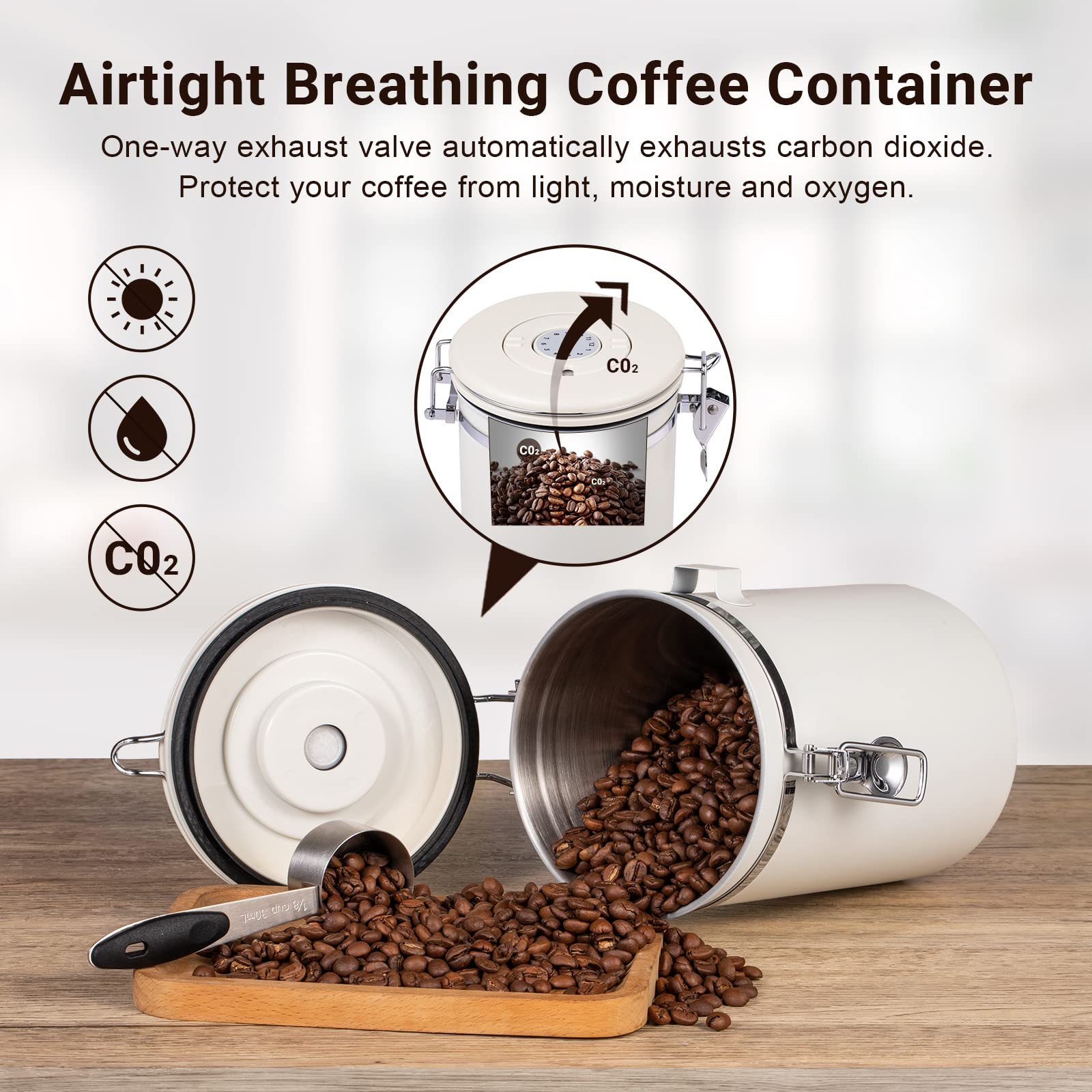 Coffee Container,Airtight Coffee Canister,16 OZ Stainless Steel Kitchen Food Savers for Coffee Beans,Grounds,Tea,Cereal,Sugar,Coffee Jar with Date Tracker and Scoop,Beige.