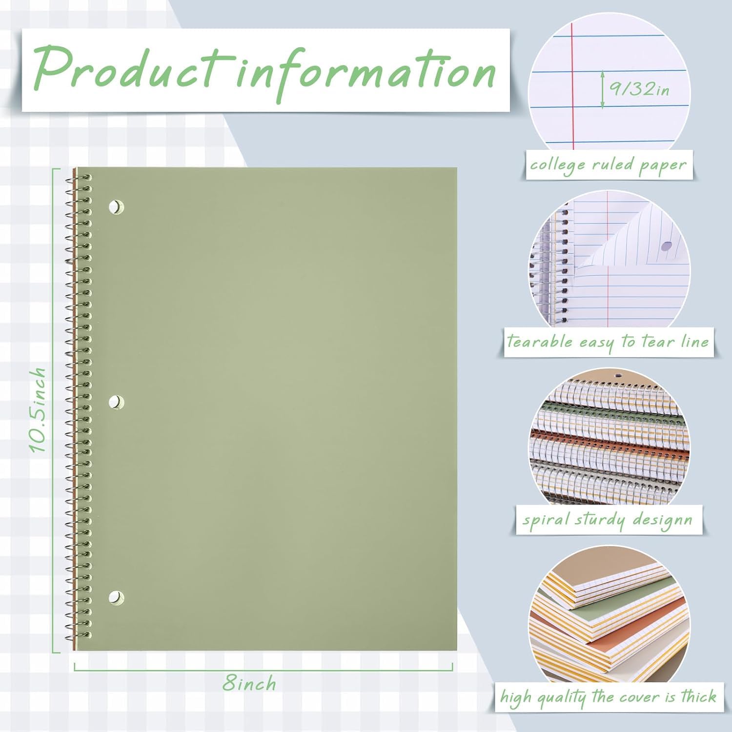 Aesthetic Spiral Notebook 3 Pack - 1-Subject College Ruled Paper, 8" x 10-1/2", 70 Sheets per Notebook, Hardcover 3 Hole Pastel Colors, Easy Tear Line Spiral Notebooks for Office School Travel-Macaron