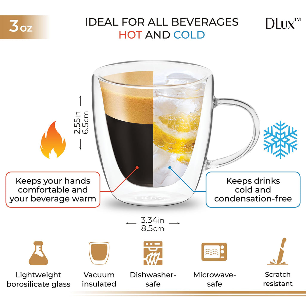 DLux Espresso Coffee Cups 80ml, Double Wall, Clear Glass Set of 4 3oz Glasses with Handles, Insulated Borosilicate Glassware Tea Cup