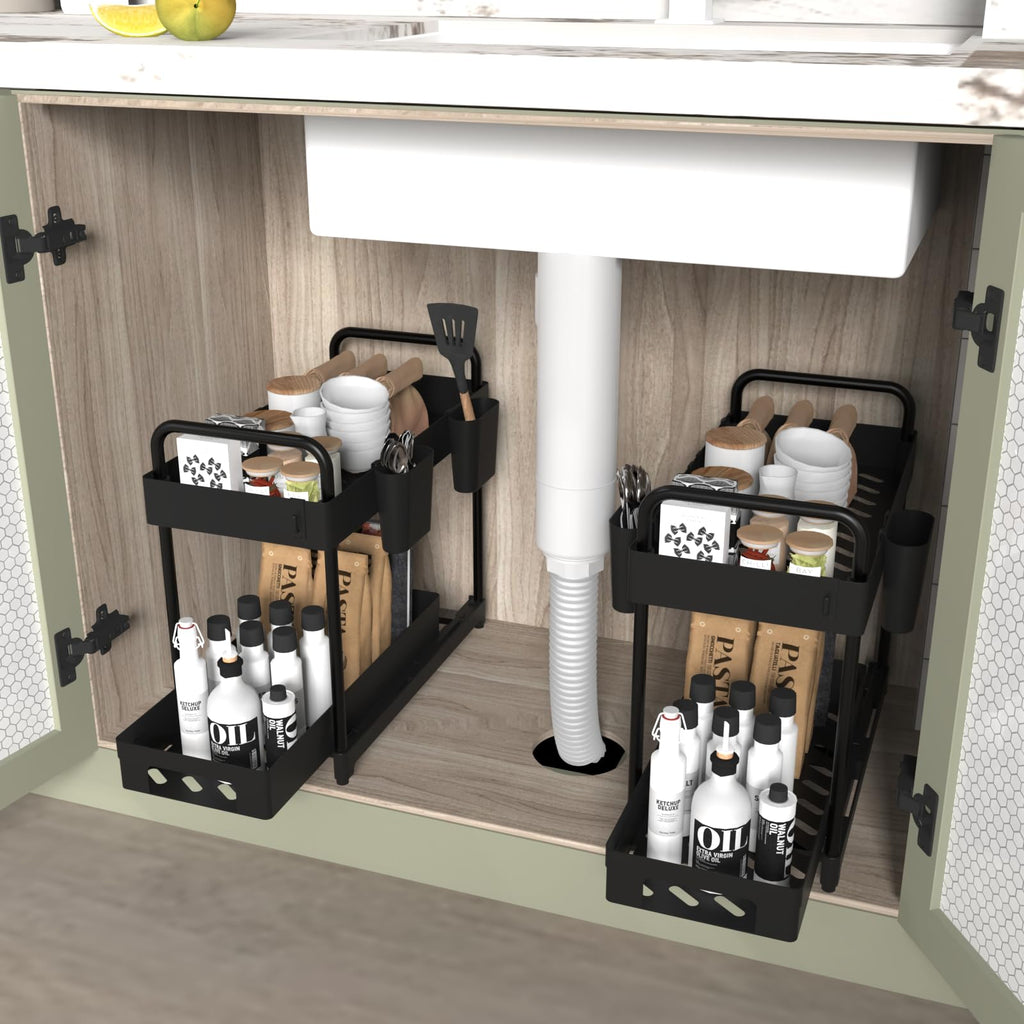 2 Pack Under Sink Organizer for Efficiently Utilizing Space, 2 Tier Bathroom Cabinet Organizers and Storage, Multi-purpose Kitchen Organizer and Storage with Hooks and Cups(Black)