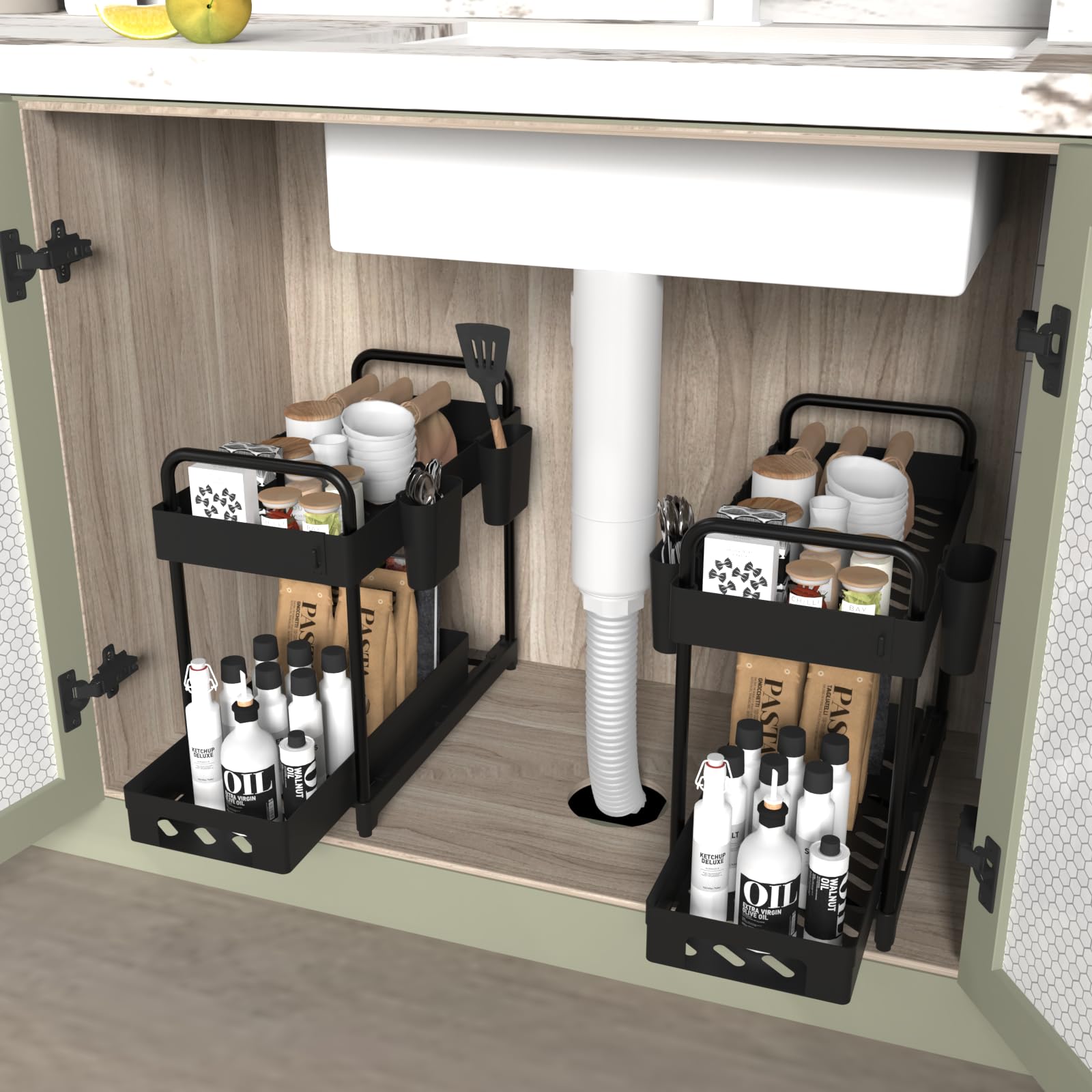 2 Pack Under Sink Organizer for Efficiently Utilizing Space, 2 Tier Bathroom Cabinet Organizers and Storage, Multi-purpose Kitchen Organizer and Storage with Hooks and Cups(Black)