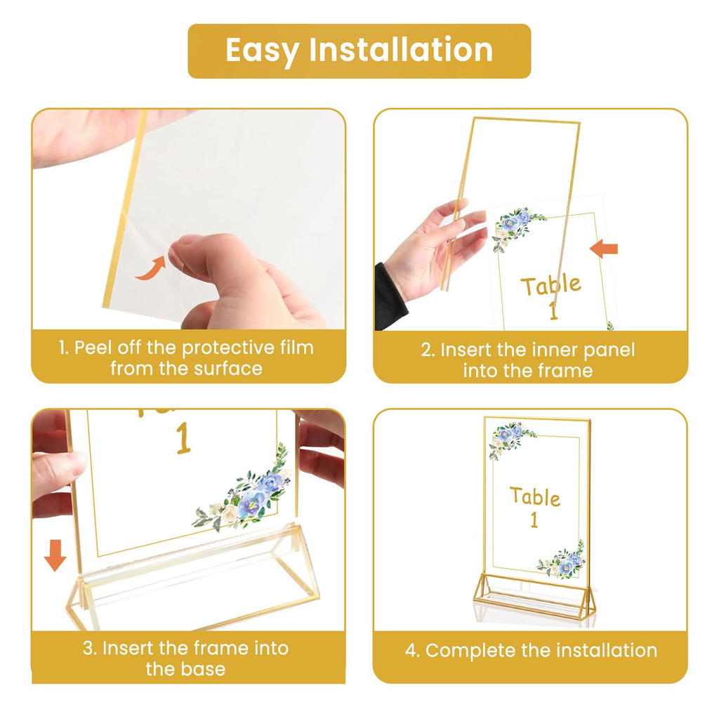6 Pack Acrylic Gold Sign Holder, 5 x 7 Inch Clear Double Sided Picture Frame, Table Menu Display Stand Flyer Holder for Table Numbers, Photos, Restaurant, Wedding, Office (5 x 7 Inch)