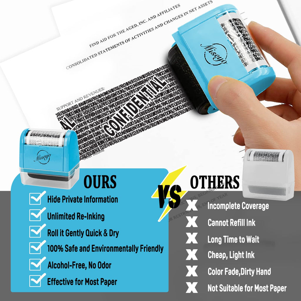 Miseyo Identity Theft Protection Roller Stamp Set - Blue (6 Refill Ink Incleded)
