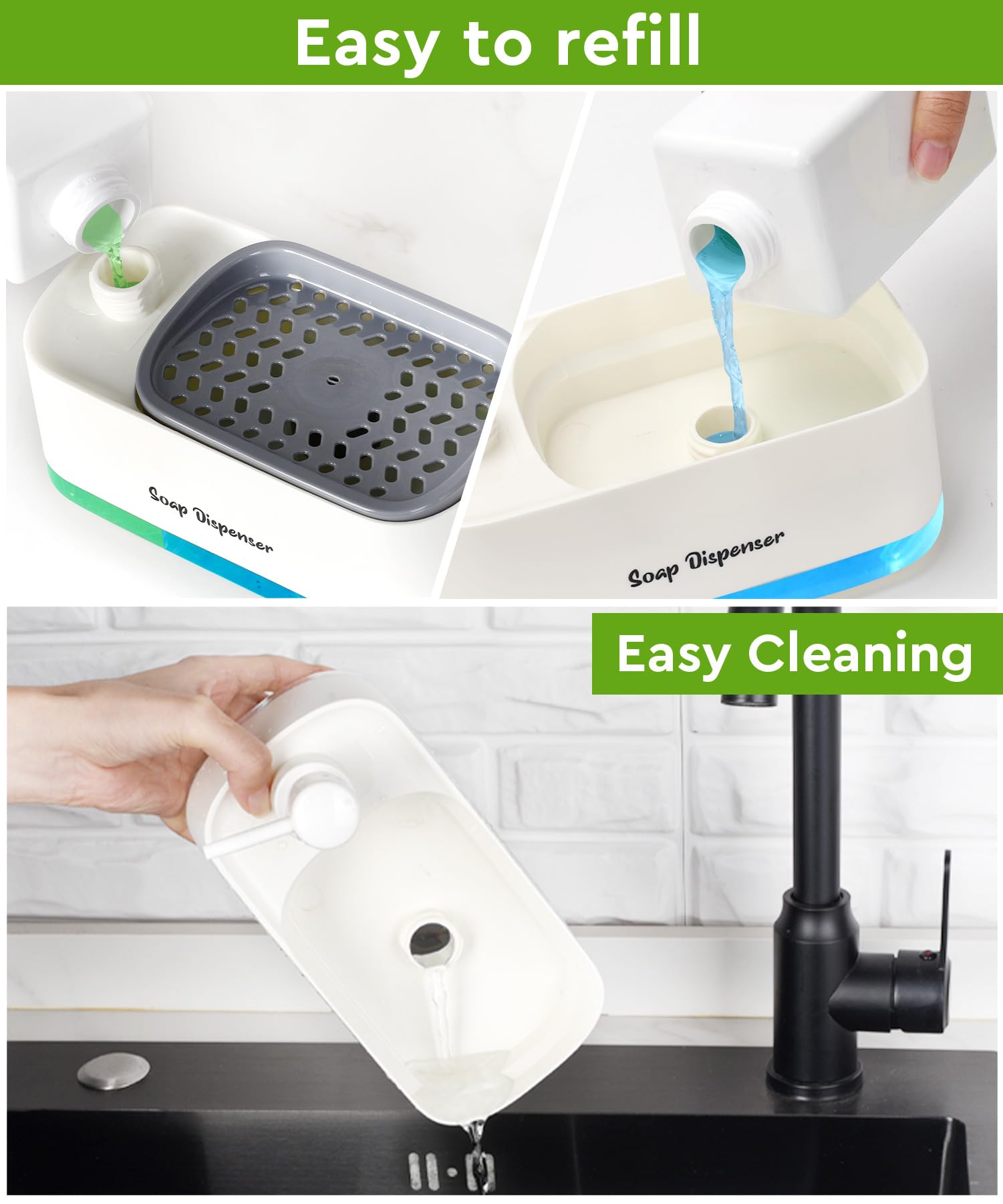 Hand and Dish Soap Dispenser Set for Kitchen, Dual Soap Dispenser with Sponge Holder, 3-in-1 Countertop Soap Pump Dispenser for Kitchen Sink, Useful Kitchen Gadgets - White