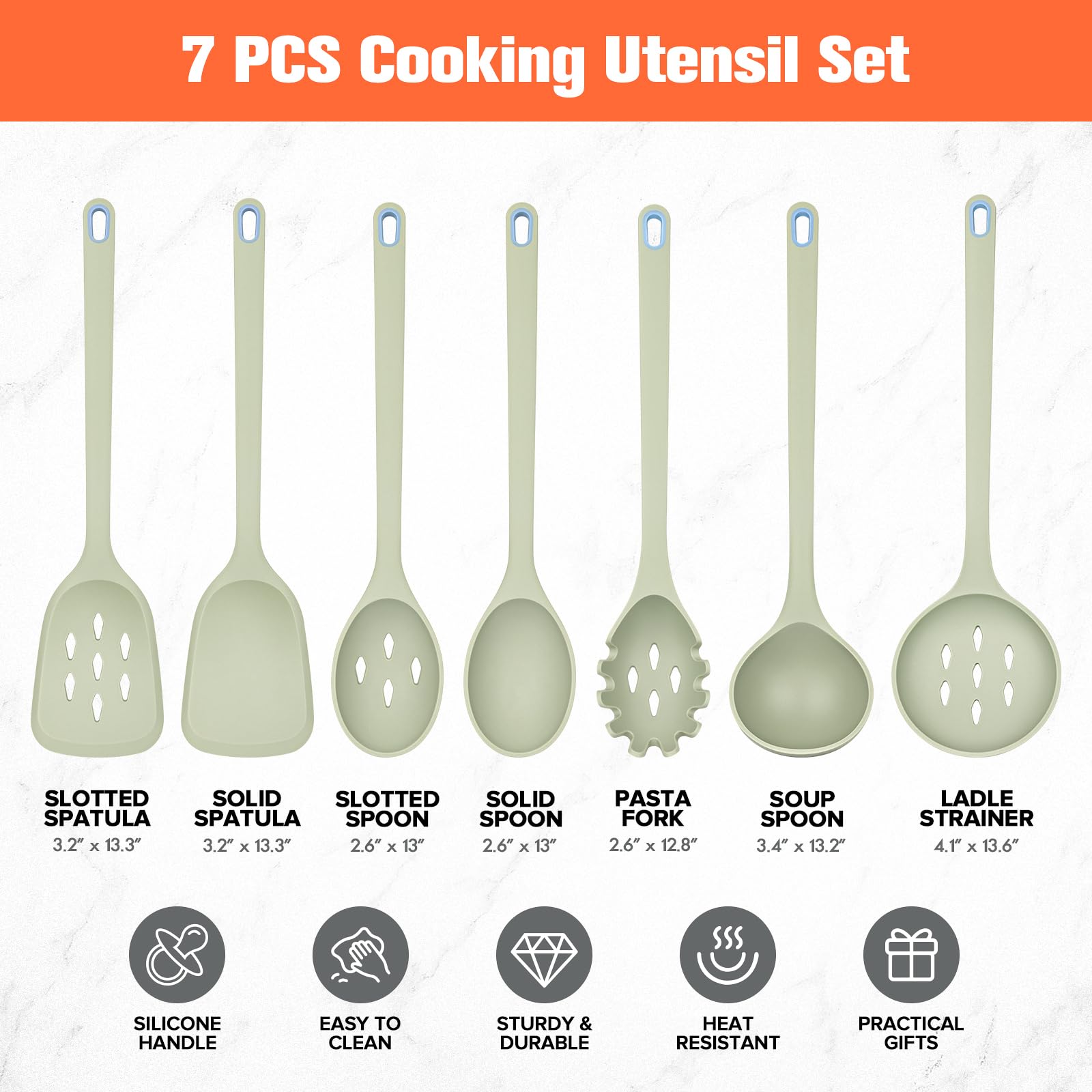 Large Silicone Utensils Set of 7 for Cooking,No Scratch for Nonstick Cookware Pasta Server,Spaghetti Spoon,Slotted Spoon&Spatula,Solid Spoon&Spatula,Skimmer,Soup Ladle BPA Free Heat Resistant (Green)