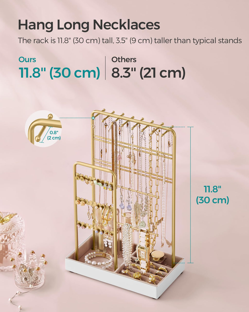 SONGMICS Jewelry Holder, Jewelry Organizer, Jewelry Display Stand with Metal Frame, Pale Gold UJJS021A01