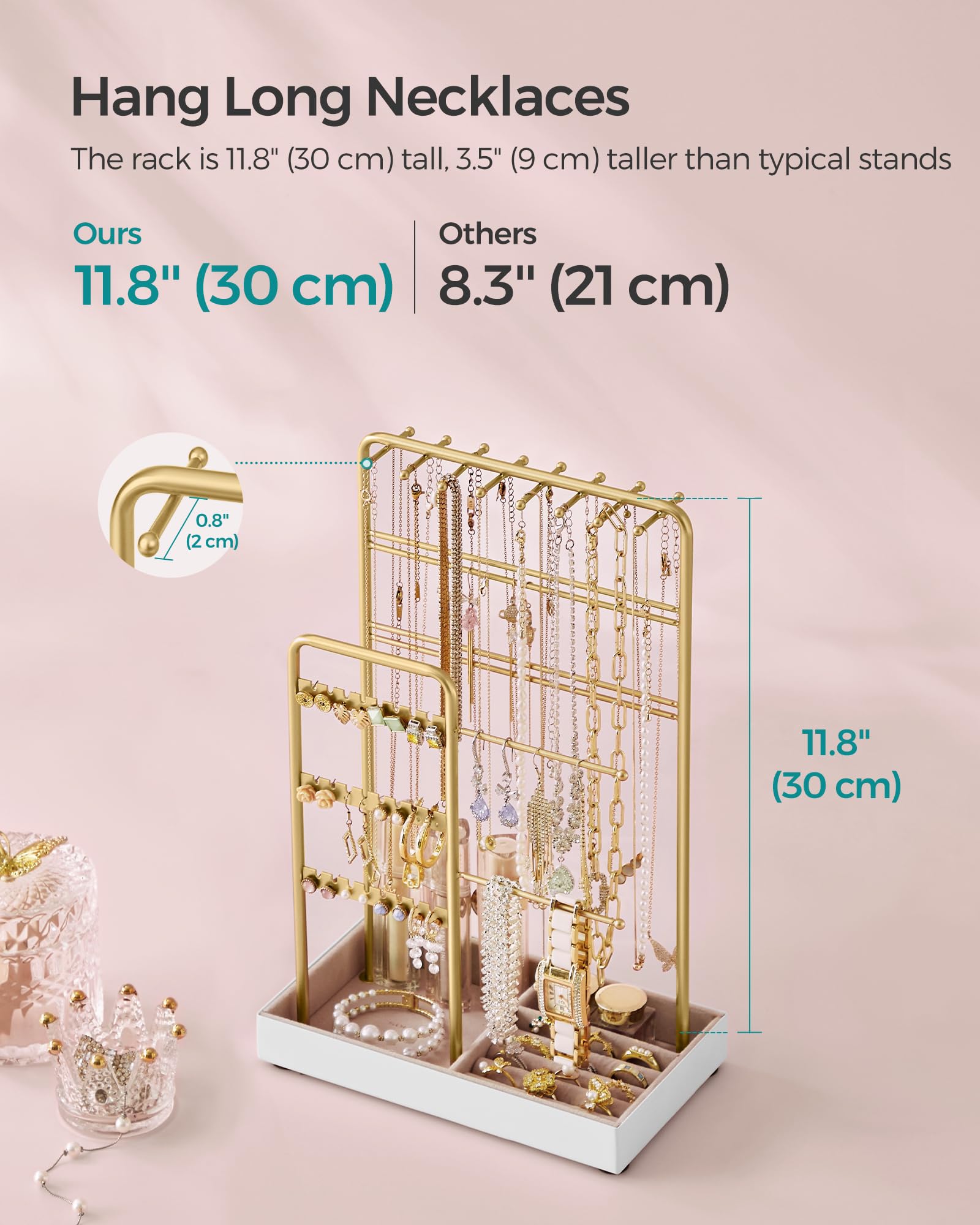 SONGMICS Jewelry Holder, Jewelry Organizer, Jewelry Display Stand with Metal Frame, Pale Gold UJJS021A01