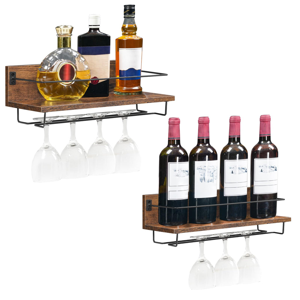 HOOBRO Wine Rack Wall Mounted 2 Pack, Wine Shelf Hanging Floating Wall Shelves, Wine Glass Bottle Rack Stemware Holder, for Living Room, Dining Room, Kitchen, Rustic Brown and Black BF28BJ01