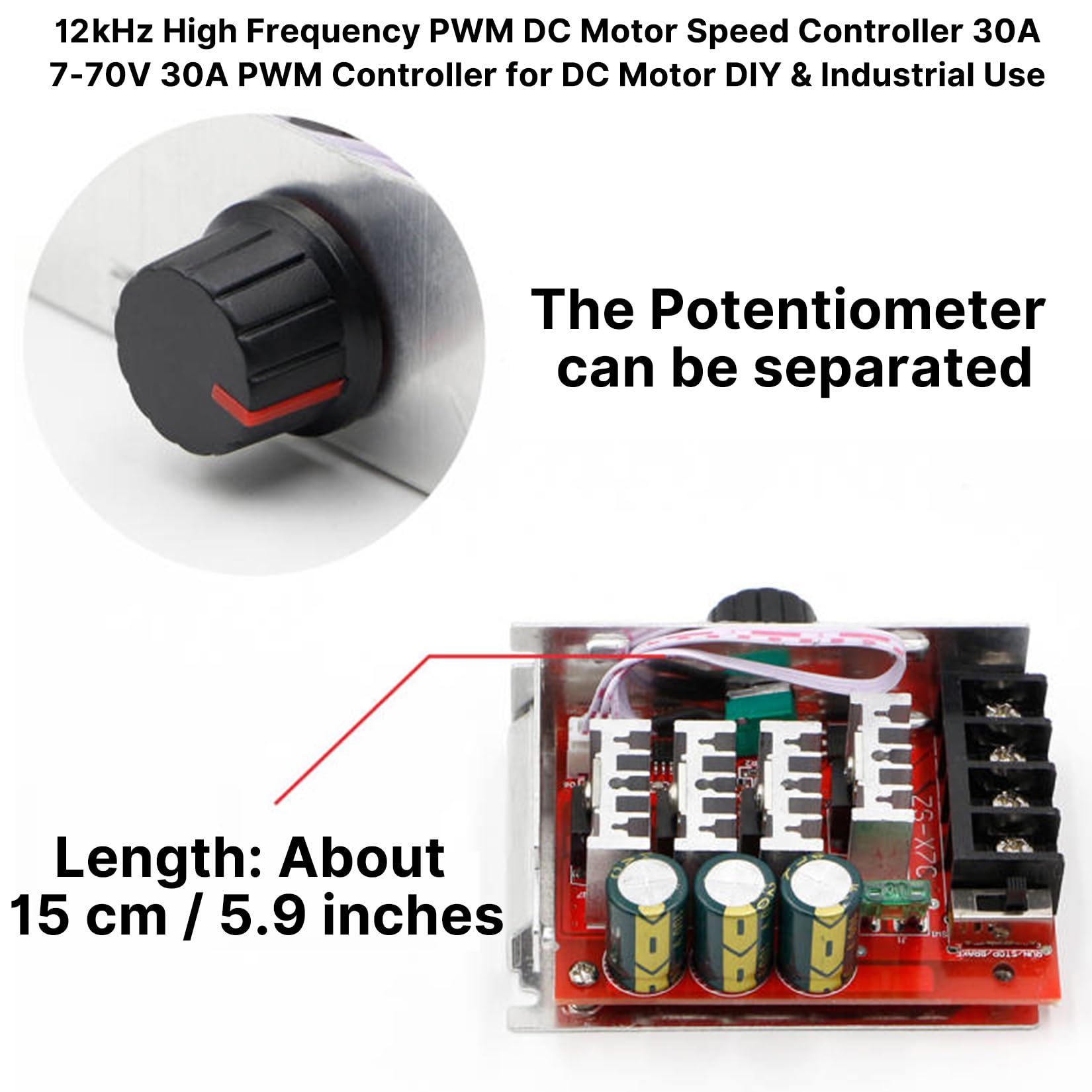 RioRand 7-70V PWM DC Motor Speed Controller 30A - Low Heat Aluminum Housing for Brushed DC Motors, DIY Projects & Small Electric Devices (Extra Fuse Included) Red