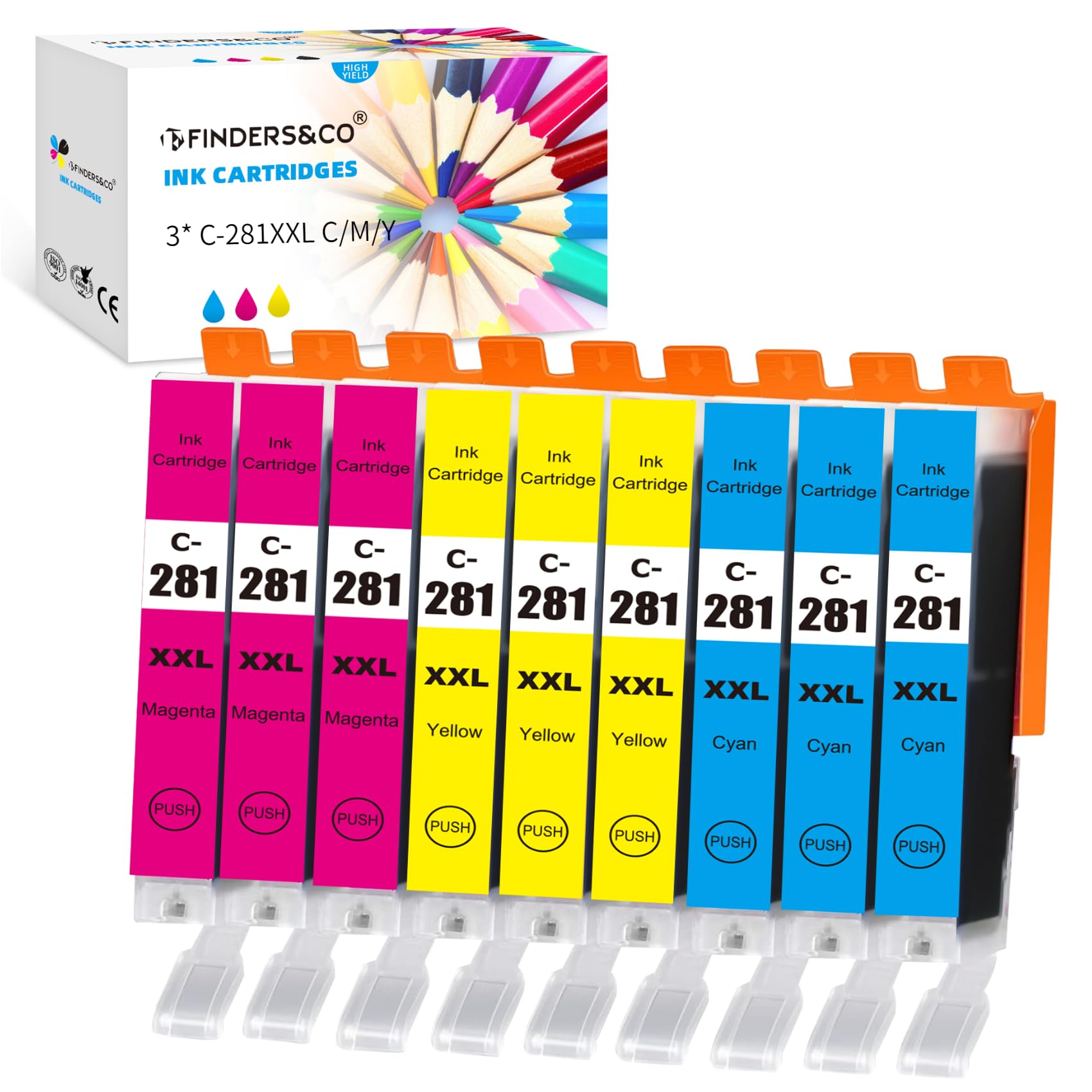 CLI-281 XXL Cyan Magenta Yellow 9 Color Ink Cartridges Replacement for Canon 280 281 Ink Work with Canon PIXMA TR7520 TR8520 TR8620 TS8220 TS8320 (3X 281 C/M/Y)