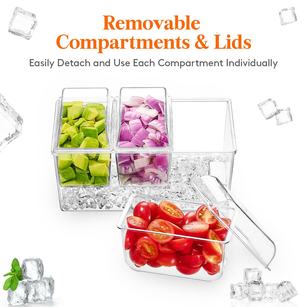 Lifewit Ice Chilled Condiment Caddy with 3 Containers(2.5 cup), Condiment Server with Separate Lids, Serving Tray Platter with Removable Dishes for Bar Accessories, Fruit, Salad, Taco, Party Garnish