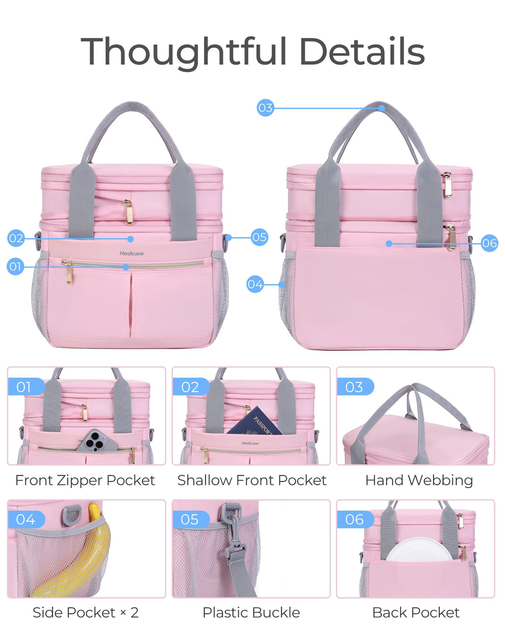 Hedcaw Lunch Box for Women Double Deck Insulated Lunch Bag Women Expandable Leakproof Reusable Lunch Cooler Bag for Work, Office, Picnic, Pink