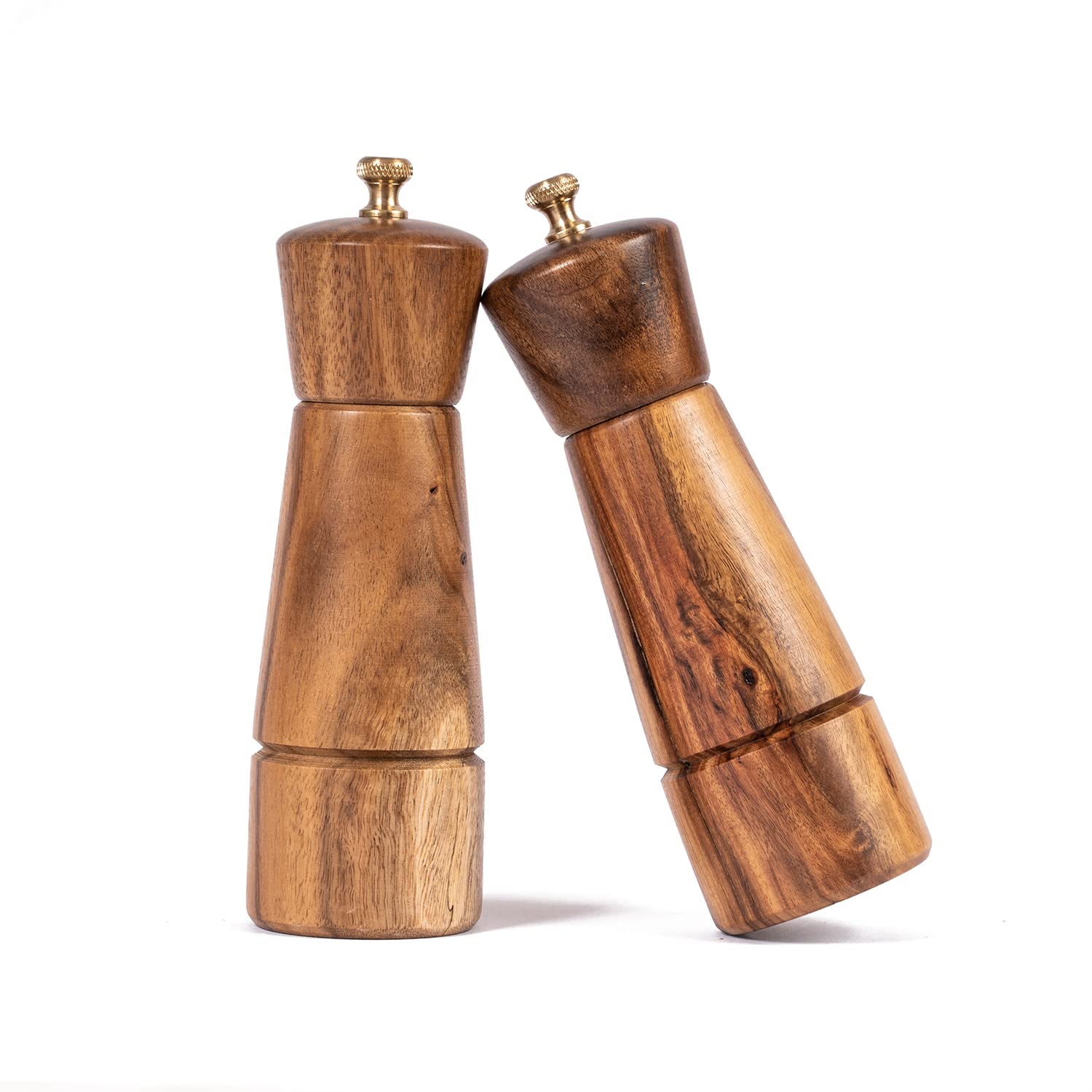 DeroTeno Salt and Pepper Mill Set, Adjustable Ceramic Grinder Salt Mill, Stainless Steel Grinder Pepper Mill, Acacia Wood, 16.5 cm / 6 inch Height, Bottom Dia 5 cm (Tray is NOT Included)