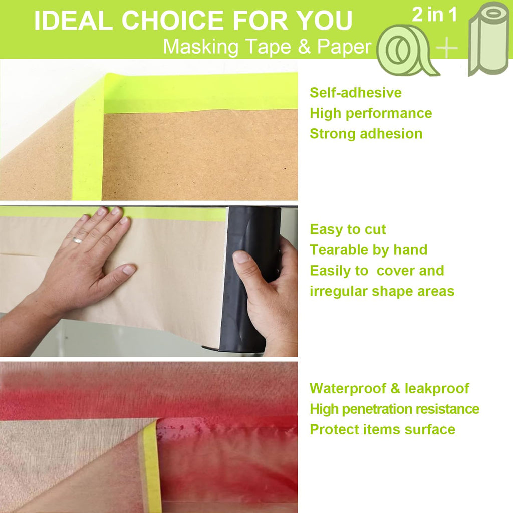 InnoStars Pre-Taped Masking Paper for Painting - 4 Rolls 6 Inch x 50 Feet Tape and Drape Painters Paper, Paint Adhesive Protective Paper Roll for Covering Skirting, Frames, Cars and Auto Body