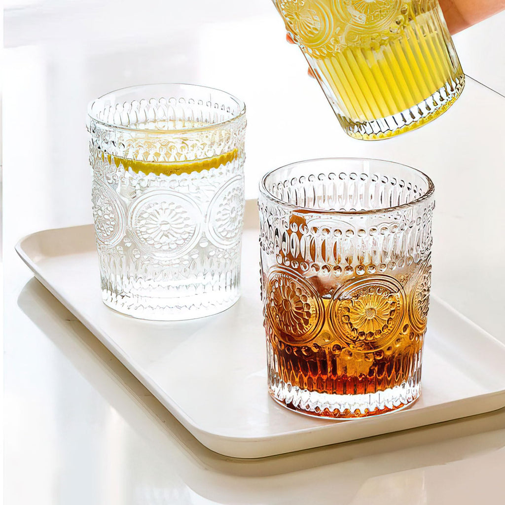 Vintage Drinking Glasses Set of 12, Textured Clear Striped Glass Cups, 10oz Ribbed Glassware Set, Tall Water Glass Tumblers, Mojito Cups, Cocktail Glass, Iced Coffee Cup, Bar Glassware