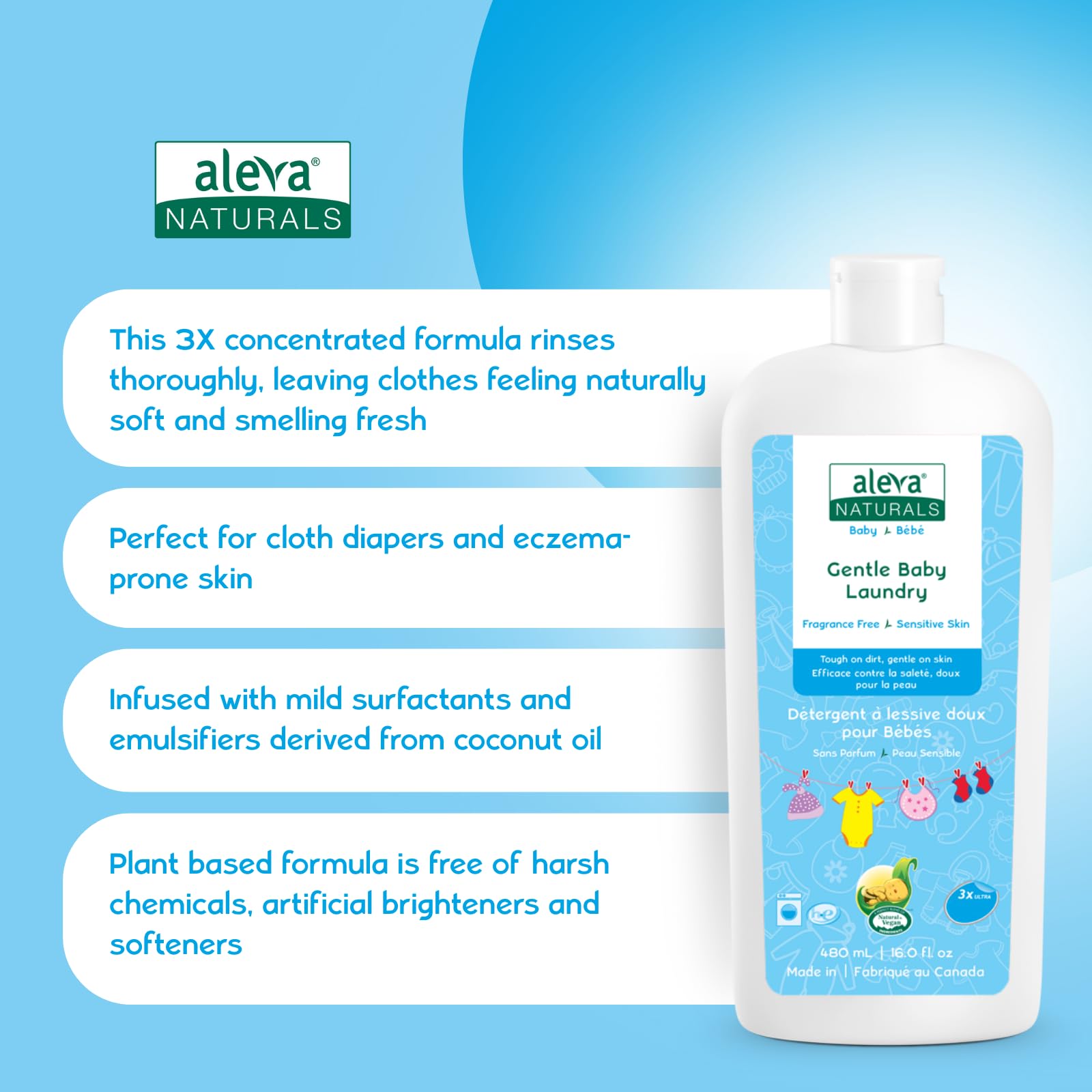 Aleva Naturals Gentle Baby Laundry, Convenient Travel Size, Value Pack, 3 X 480ml