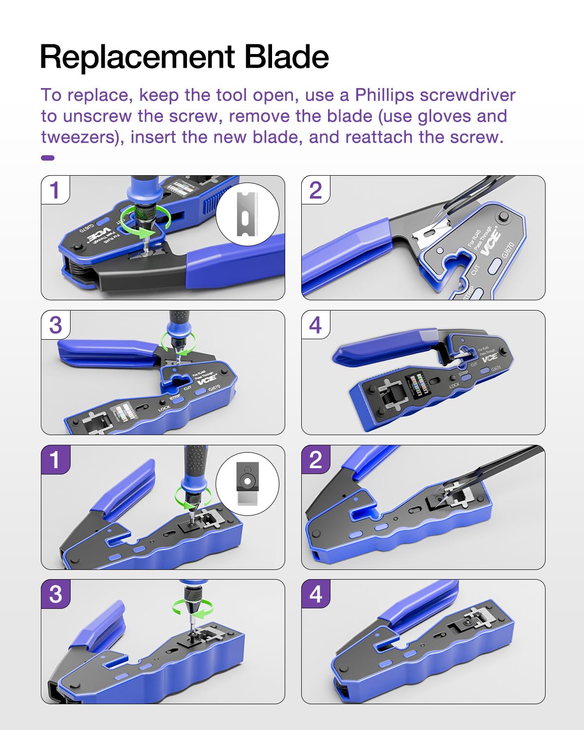 VCE RJ45 Crimper Pass Through, Ethernet Crimping Tool for Cat6 Cat7 Cat5 End Pass-Thru Connector, Support Stripping & Cutting