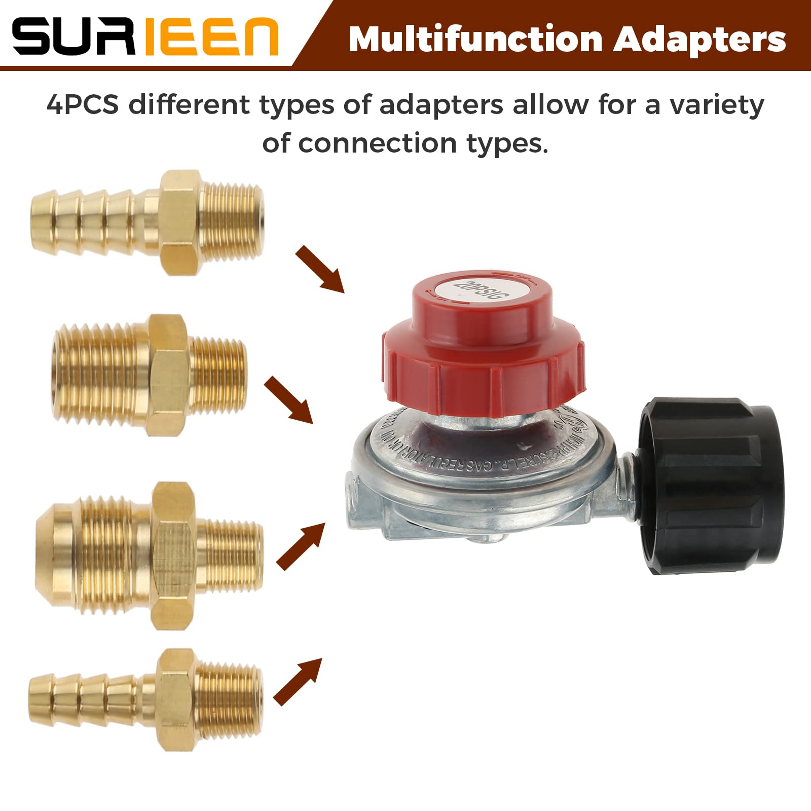 0-20 PSI Adjustable High Pressure Propane Regulator Valve Kit, QCC1/Type1 Regulator Valve Kit with 1/8" NPT Male to 1/4" & 3/8" Male Flare Fitting, 1/4" & 5/16" Hose Barb Connector