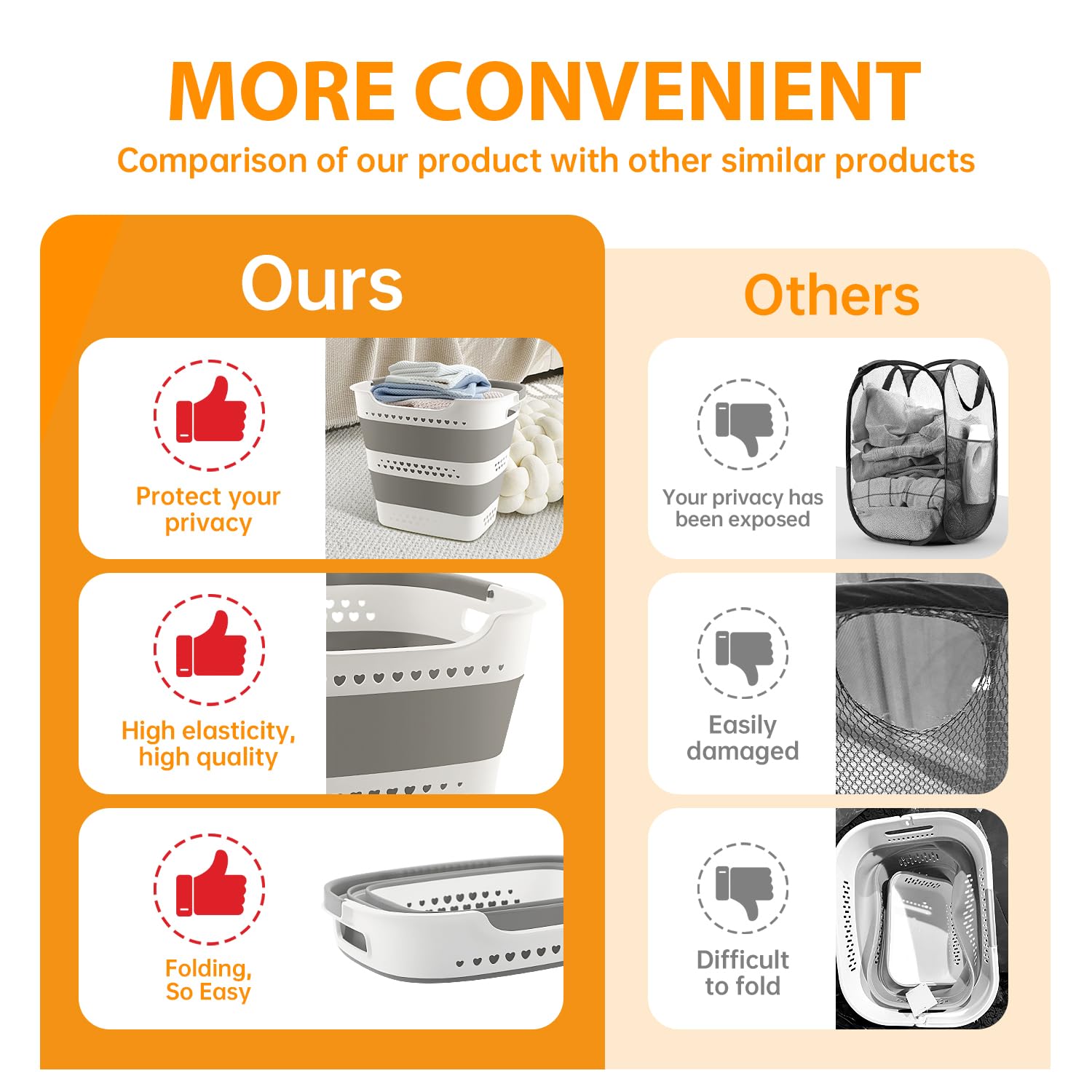 Collapsible Plastic Laundry Basket Hamper with Handles, Foldable Laundry Basket, Pop Up Storage Container Organizer for Washing Storage (1, Gery, 42L)