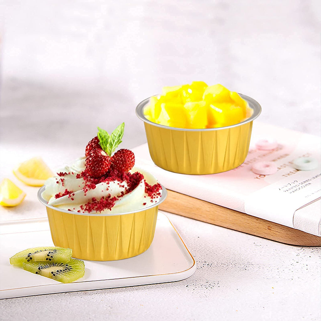 DEAYOU 100-Pack Aluminum Foil Baking Cups with Lids, 5oz Muffin Cupcake Ramekins, 3" Recyclable Cupcake Foil Liners Mini Tart Pie Tin Pan Holder for Souffle, Pudding, Party, Wedding, Gold