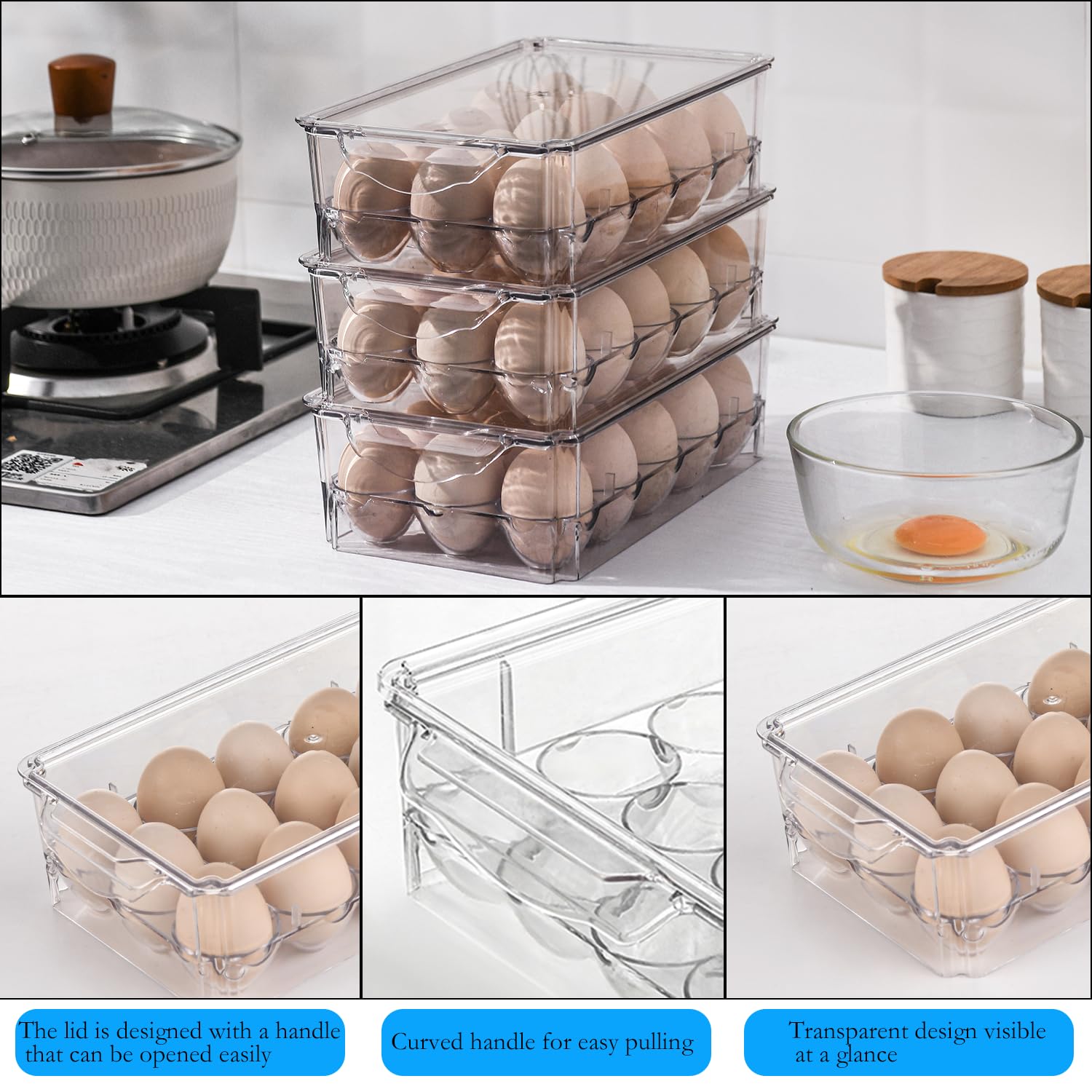 Pure Future 2-Pack Fridge Organizers and Storage (Holds 30 Eggs) - Clear Plastic Egg Containers with Lids, Stackable Food Bins, BPA-Free, Hand Wash Only