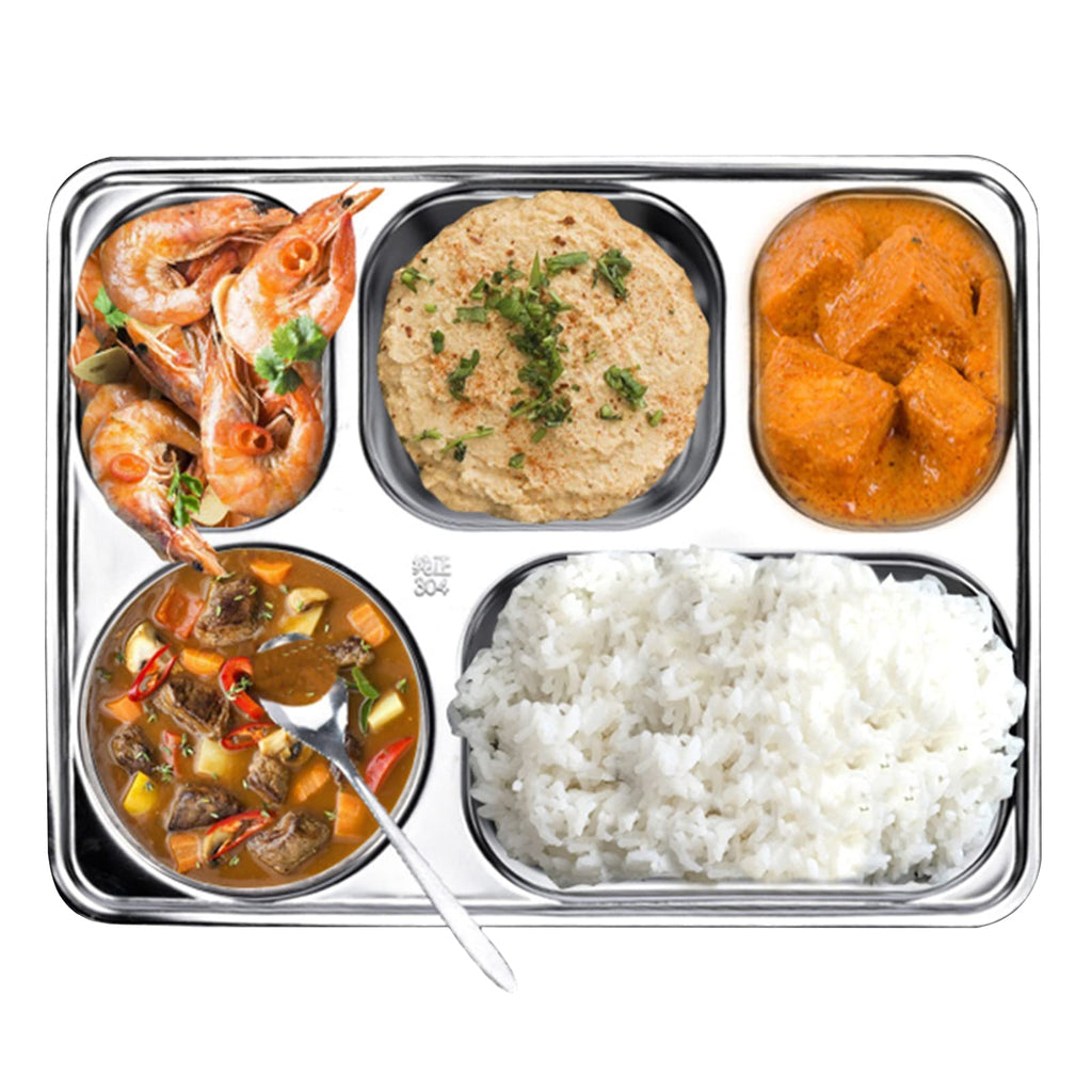Tebery 3 Pack Stainless Steel Rectangular Divided Plates Tray, 5 Sections Dinner Plates for Adults,Kids, Picky Eaters, Campers, and Portion Control