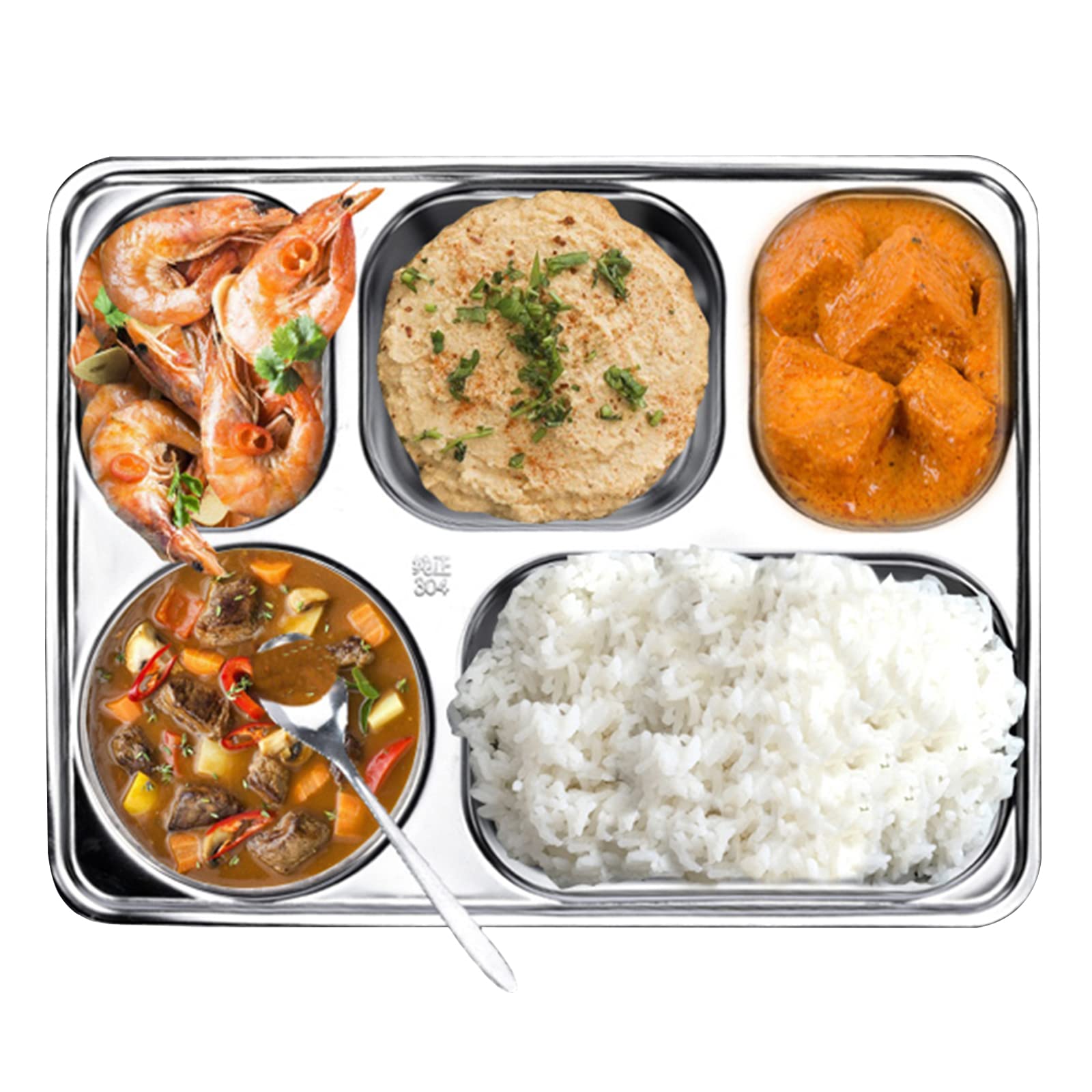 Tebery 3 Pack Stainless Steel Rectangular Divided Plates Tray, 5 Sections Dinner Plates for Adults,Kids, Picky Eaters, Campers, and Portion Control