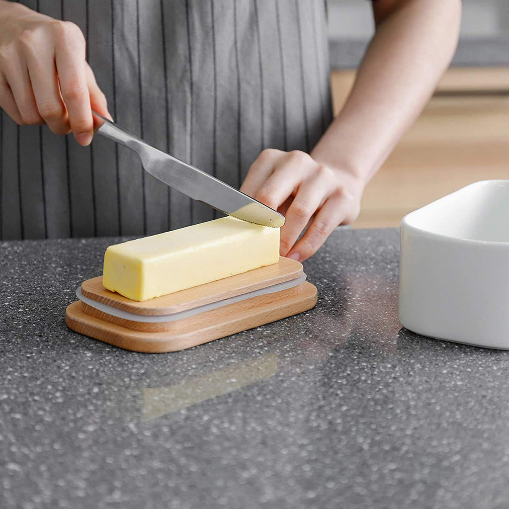 HPYNPES Large Ceramic Butter Dish with Lid and Natural Oak Wood Cover for Kitchen Decor and Accessories for Kitchen Gift, White