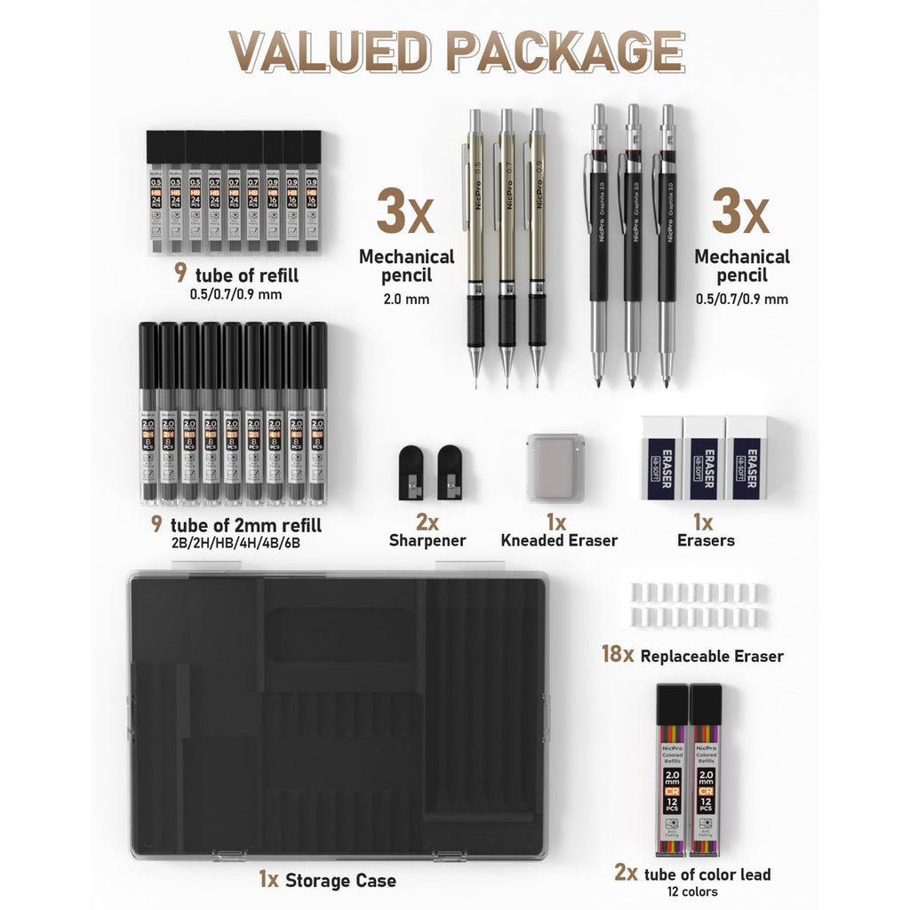 Nicpro 35PCS Art Mechanical Pencil Set, 3 PCS Metal Drafting Pencil 0.5 mm & 0.7 mm & 0.9 mm & 3 PCS 2mm Lead Holder (6B 4B 2B HB 2H 4H Colors) For Sketching Drawing With 20 Tube Lead Refills Case
