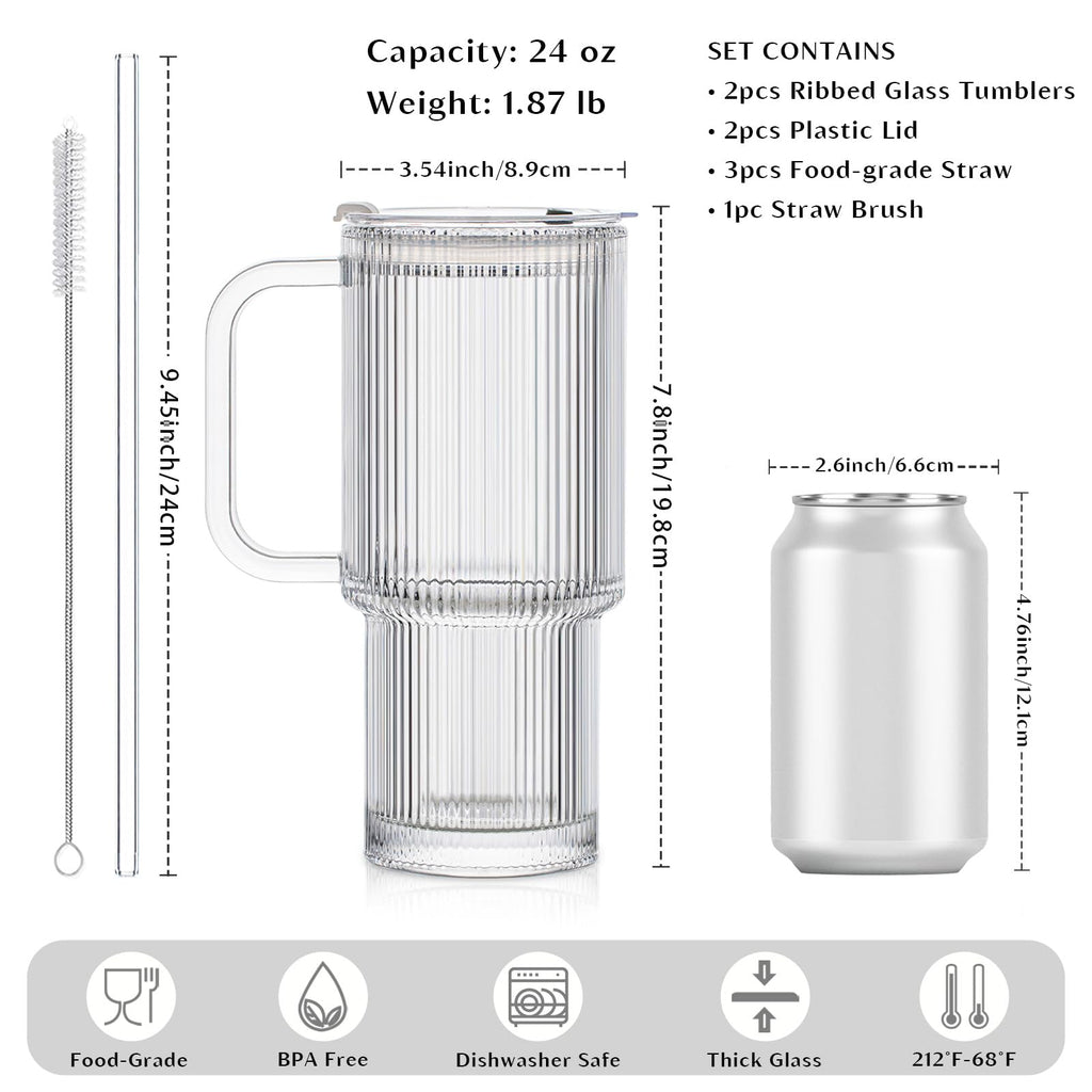 INSETLAN 26oz Ribbed Glass Tumbler with Handle & Lid – 2-Pack Large Iced Coffee Cups with Straws, Modern Glass Mug for Cold & Hot Beverages, Aesthetic Travel Cup for Smoothies, Tea, and Juice