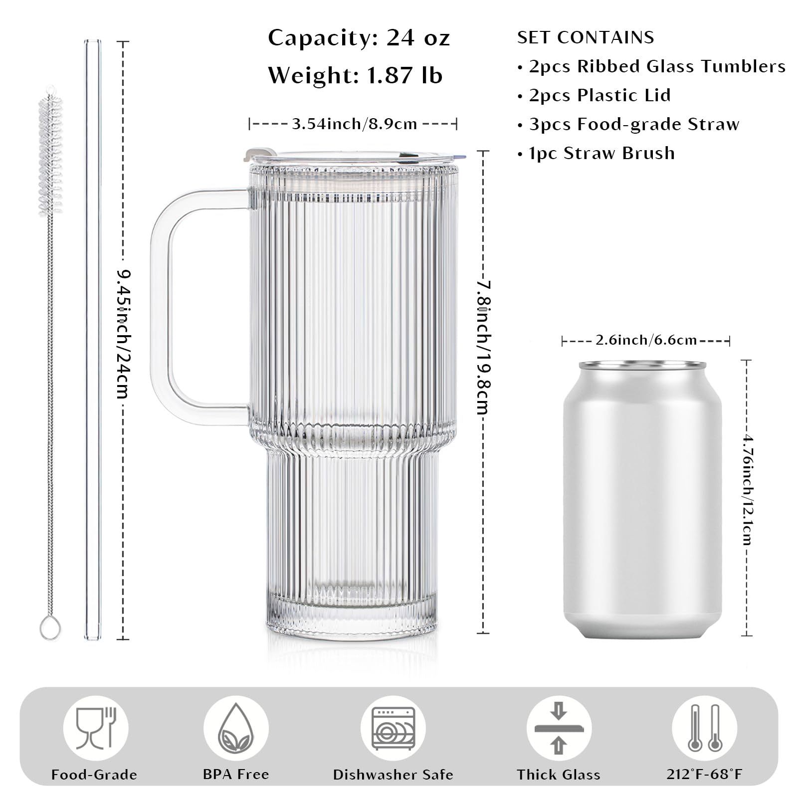 INSETLAN 26oz Ribbed Glass Tumbler with Handle & Lid – 2-Pack Large Iced Coffee Cups with Straws, Modern Glass Mug for Cold & Hot Beverages, Aesthetic Travel Cup for Smoothies, Tea, and Juice