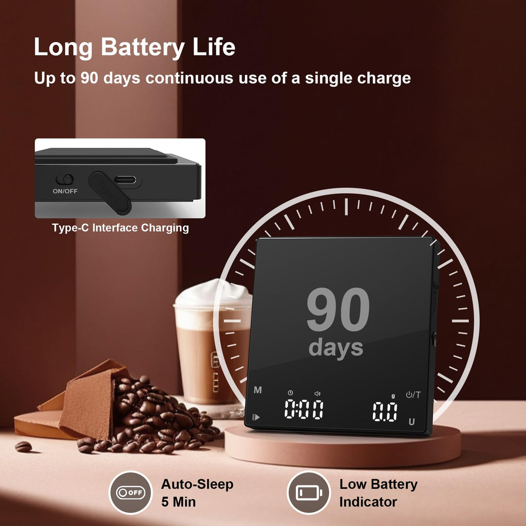 Diyife Mini Coffee Scale with Timer, [0.1g-2kg] Rechargeable Espresso Scale with 6 Units, High Temperature Resistant Glass Panel, Portable Kitchen Scale for Espresso and Pour-Over Coffee, Auto Timing