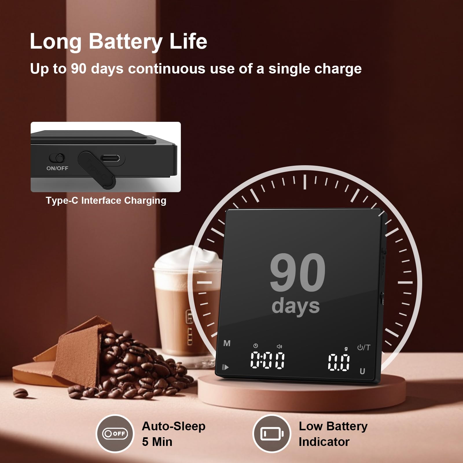Diyife Mini Coffee Scale with Timer, [0.1g-2kg] Rechargeable Espresso Scale with 6 Units, High Temperature Resistant Glass Panel, Portable Kitchen Scale for Espresso and Pour-Over Coffee, Auto Timing