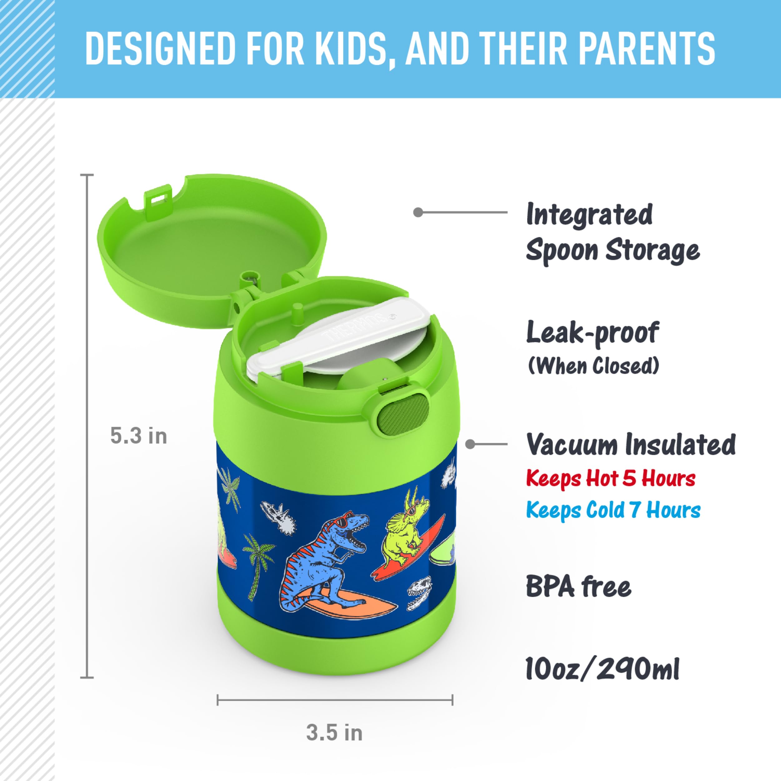 THERMOS FUNTAINER 10 Ounce Stainless Steel Vacuum Insulated Kids Food Jar with Spoon, Daring Dinos