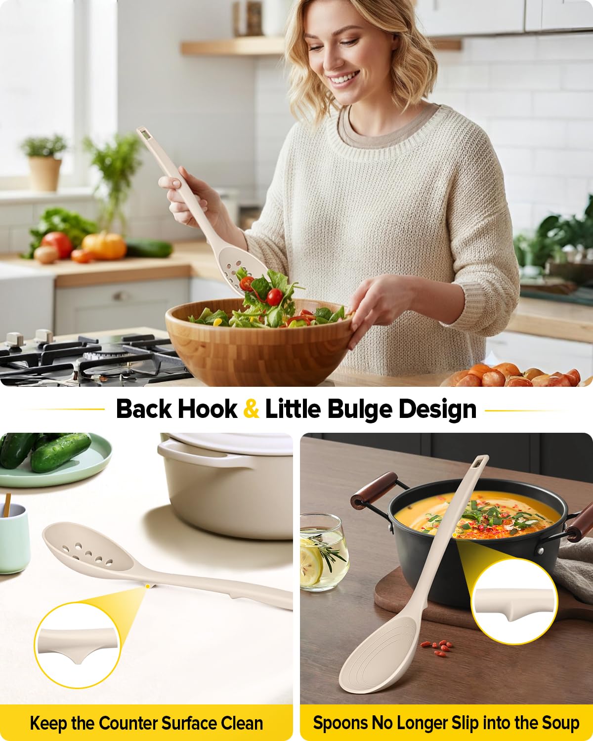 Pack of 4 Silicone Cooking Utensils Set, Non Stick Solid Spatulas and Heat Resistant Slotted Spoons with Back Hooks, Ideal BPA Free Kitchen Utensils Set for Frying,Serving,Turning,Stirring(Khaki)