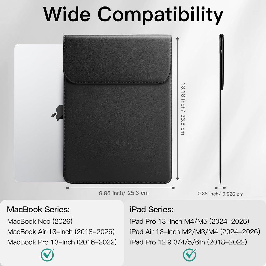 JETech Slim Laptop Sleeve for MacBook Neo (A18 Pro), MacBook Air 13-Inch (M2/M3/M4/M5) 2022-2026, MacBook Pro 13-Inch (M1/M2) 2016-2022, PU Leather Case (Black)