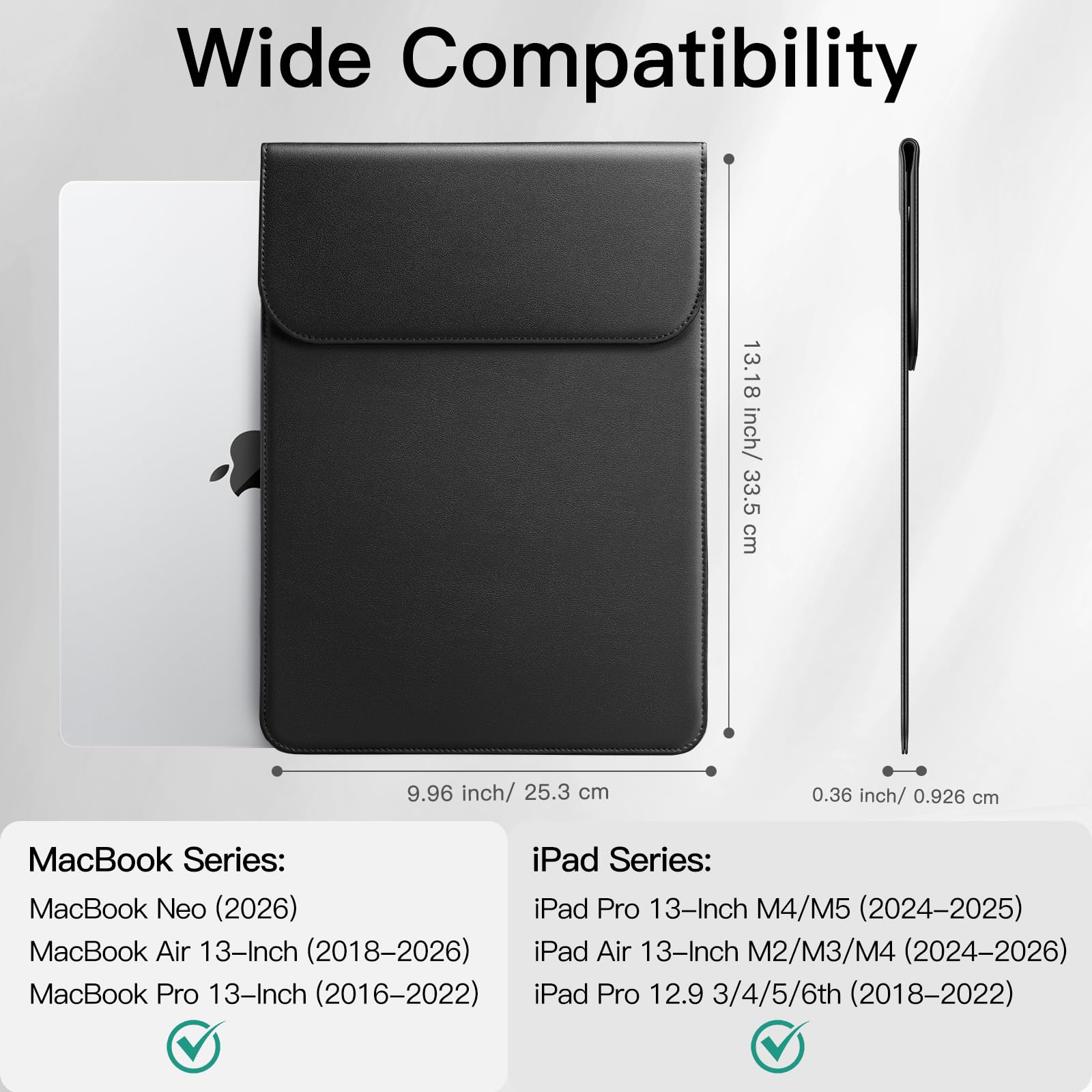 JETech Slim Laptop Sleeve for MacBook Neo (A18 Pro), MacBook Air 13-Inch (M2/M3/M4/M5) 2022-2026, MacBook Pro 13-Inch (M1/M2) 2016-2022, PU Leather Case (Black)