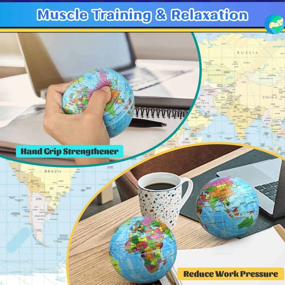 Mini Earth Soft Squishy Ball, 3PCS Foam Globe Stress Balls for Kids Toddler, Educational Geography Crafts Toys, Squeeze Sensory Learning World Map Planet Toy for Solar Systerm (3.7")