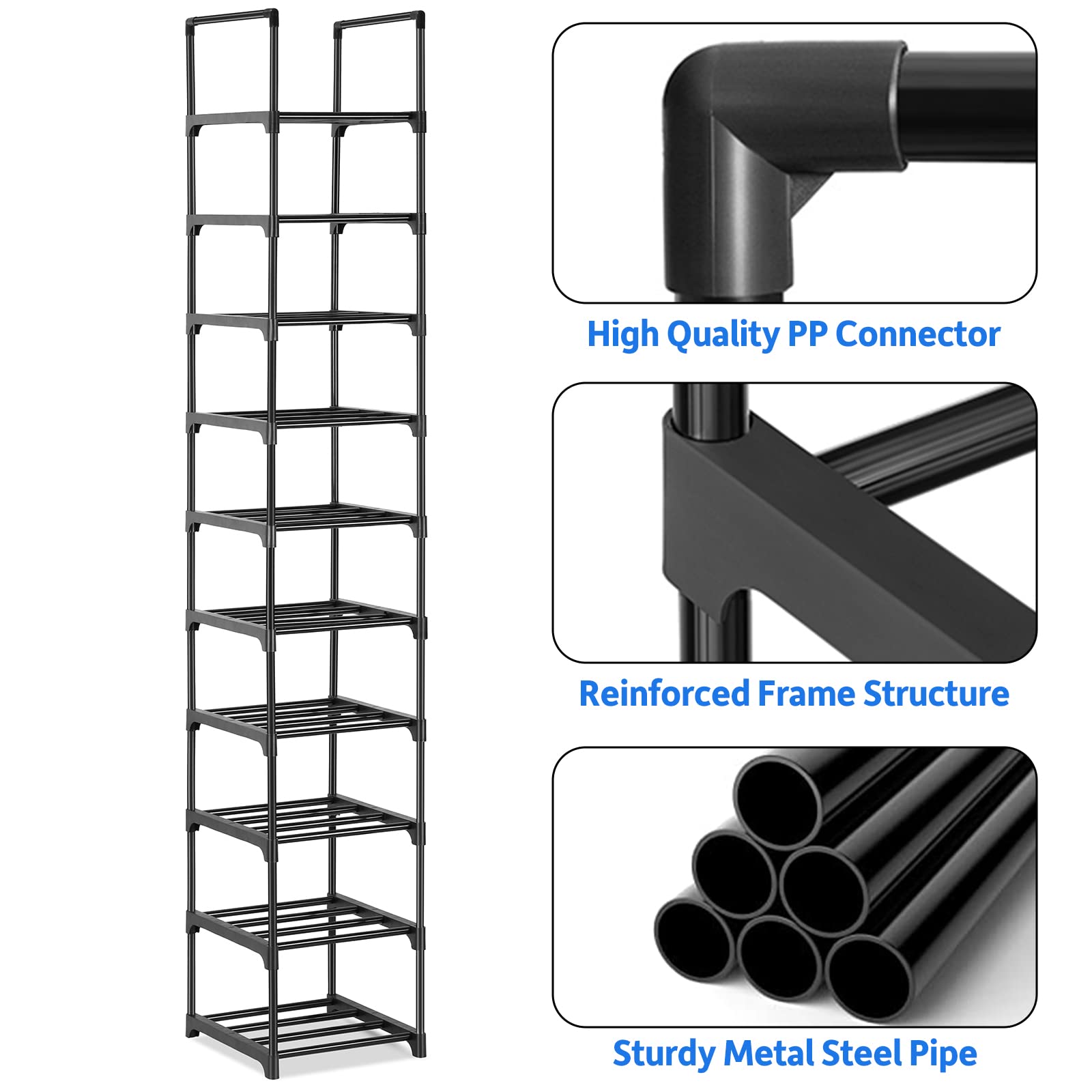 Olyzer 10 Tier Shoe Rack, Narrow Shoe Organizer, Space Saving,Vertical Shoe Stand Shelf for Living Room, Bedroom, Closet, Entryway, Grocery Room, 12.2'' x 12.2'' x 68.9''