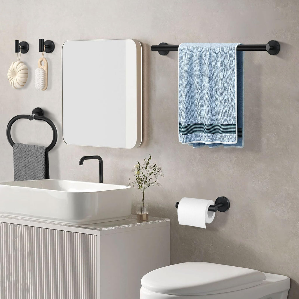 Bathroom Accessories Set,5PCS Black Bathroom Accessories Rustproof,Anti-Drop Design Toilet Paper Roll Holder,16-Inch Towel Bar,Unique Oval Hand Towel Holder,2 Towel Hooks for Bedroom,Kitchen,Entrance