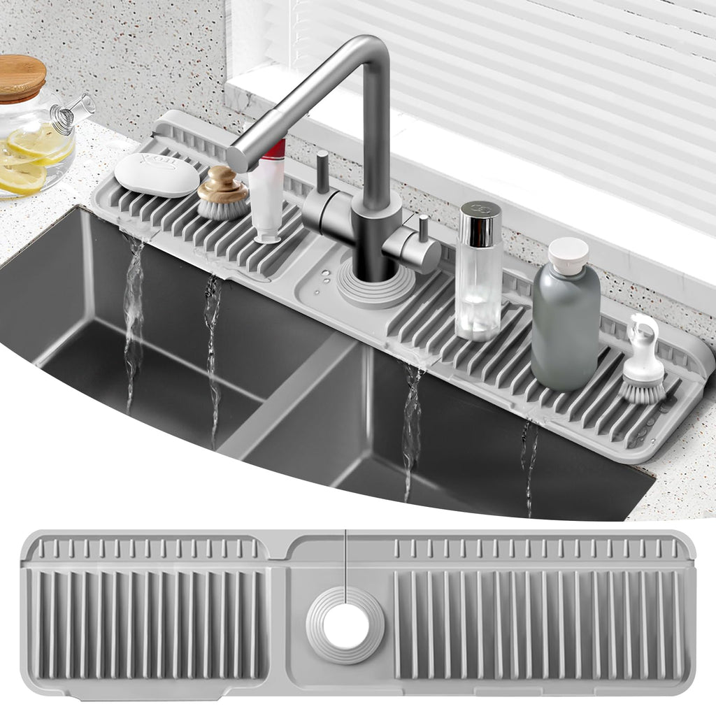 Accock 24 inch Kitchen Sink Splash Guard, Silicone Draining Mat for Sink, Longer Silicone Faucet Drainer Pad, Sink Protectors for Kitchen Sink Mat, Sponge Holder for Kitchen. (Grey, XXL(24 * 5.5))
